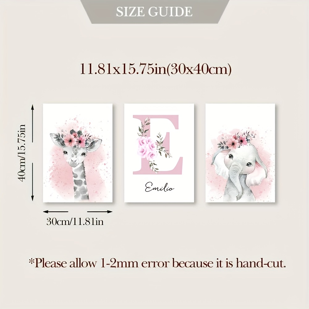 TEMU 3 pièces Toile Murale Personnalisée Nom Animal et Éléphant - Décor Moderne Bohème pour Chambre Fille, Affiches Floraux Non Encadrées, Idéal pour