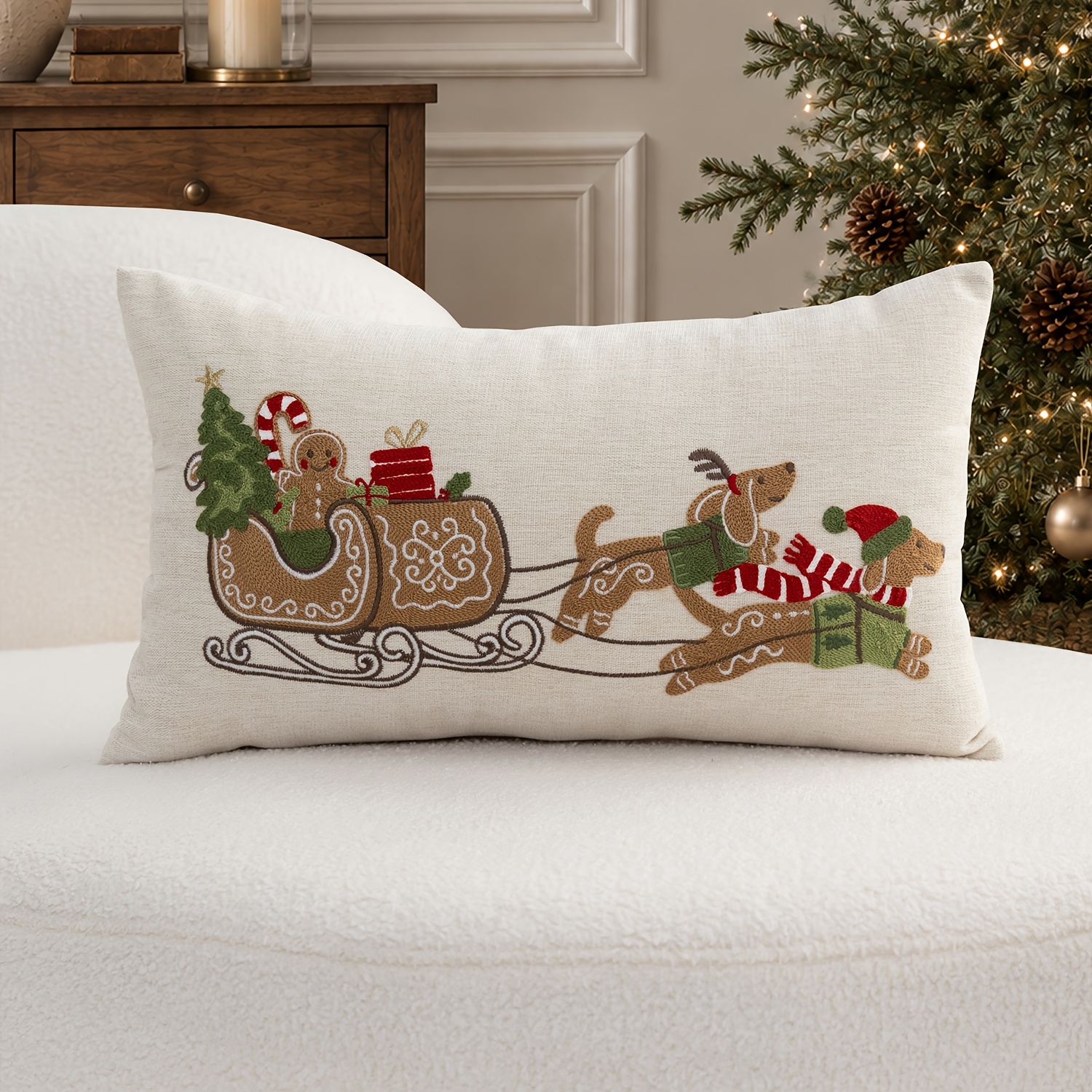 TEMU 1pc Traditional Chenille Gingerbread Sleigh & Christmas Tree Dogs Pillow Cover - Single-sided Embroidery Cushion Case Suitable For Sofa, Living