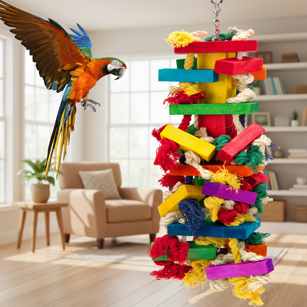 TEMU Wooden Blocks In Random Colors, A Large And Fun Parrot Chew Toy With Bright Colors And Strong Decorative , Suitable For Bird Play. Made Of Safe