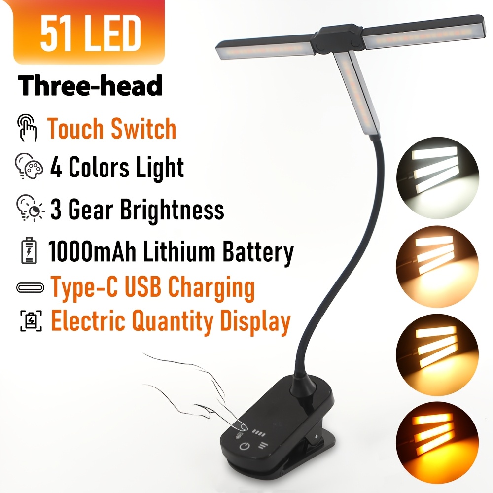 TEMU Lampe de lecture à 51 LED à 3 têtes avec clip, 4 options de couleur, luminosité réglable, batterie USB rechargeable de 1000 mAh, col flexible,