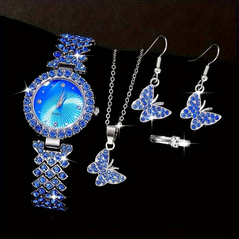 

5 Pieces Of Popular Women's Fashion Quartz Watch+popular Blue Butterfly Jewelry Set With Diamonds As Gifts For Friends And Family