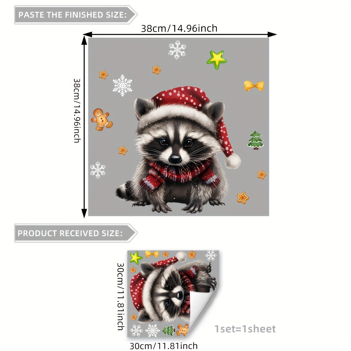 *30cm Christmas Raccoon Wearing A Santa Hat Glass Sticker, Double-sided Printing, Window, Self-adhesive Home Holiday Decorative Sticker, Ct7067-yc