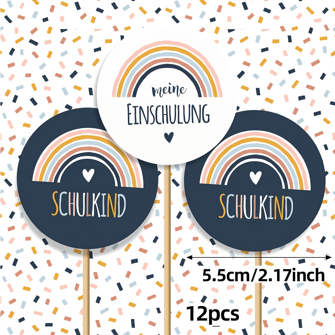 12-pack German School Commemorative Cake Toppers My First Day Of School Rainbow And Heart Celebrating Party Scene Decoration Cake Toppers, Halloween, Christmas