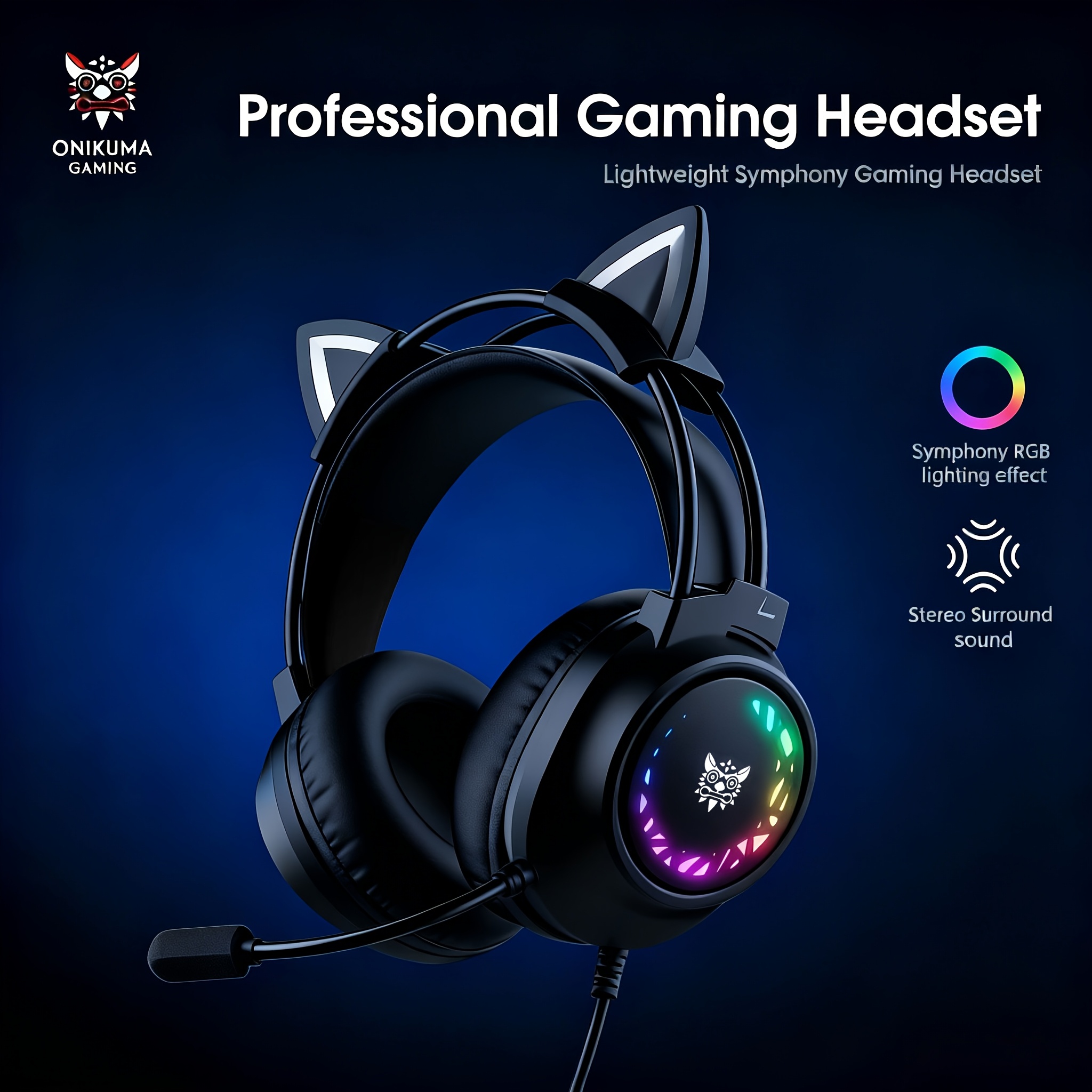 Onikuma Wired Headset Gaming Headphones Light Wired Headset With .5mm Detachable Cat Ear Earphones Gamer Surround Sound