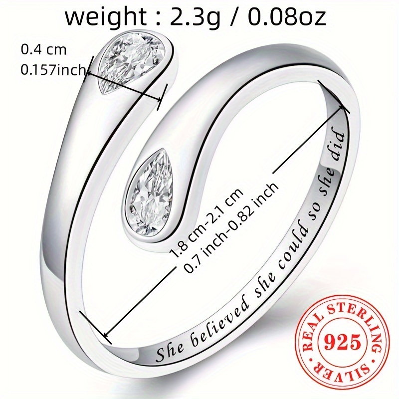 Adjustable Open Cuff Ring 925 Silver CZ Rhodium Plated April Birthstone