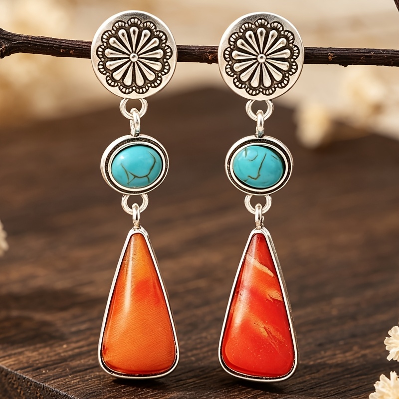 TEMU Une paire de boucles d'oreilles de style western en alliage de avec autocollant en résine époxy, triangles épissés de ovale incrustés de