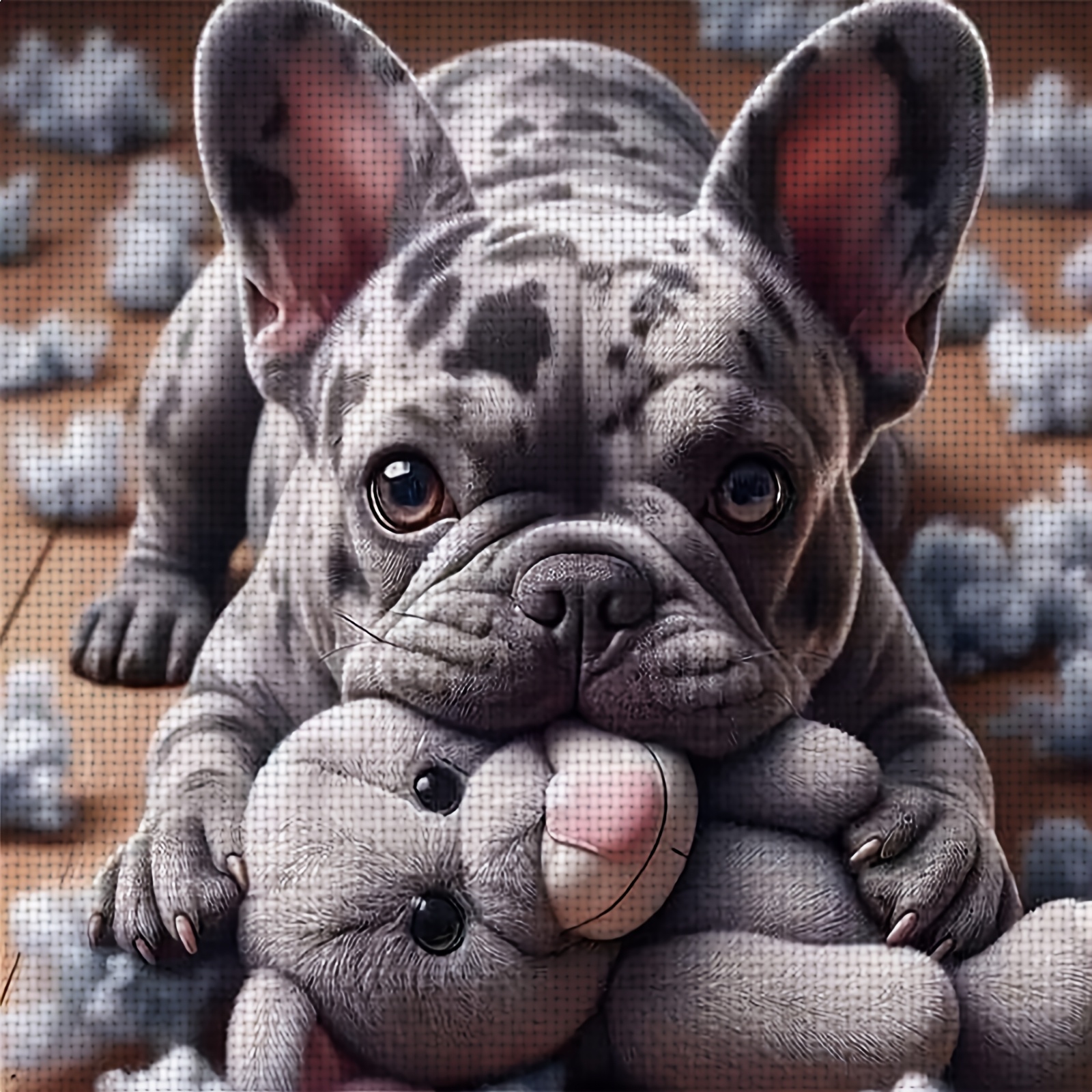 TEMU Un ensemble de kits de point de croix en tissu imprimé non encadré 11CT/14CT intitulé "Peluche Bulldog Français", idéal pour décorer les salons