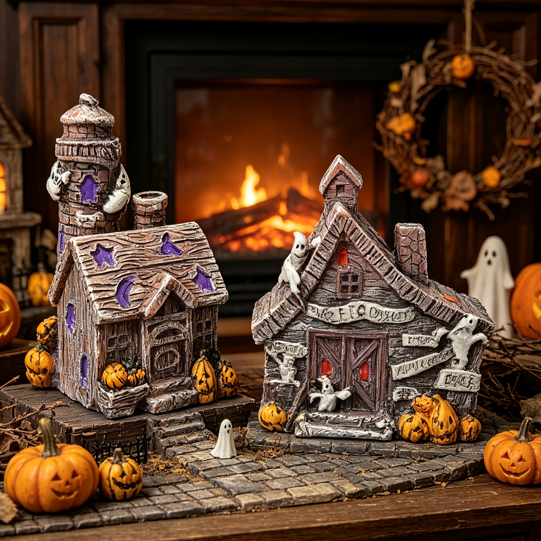 TEMU 2pcs Ornements de d'Halloween Cabane Défraîchie avec Citrouille Fenêtres Lumineuses pour Diorama Présentoir de Table Décor d'Halloween pour
