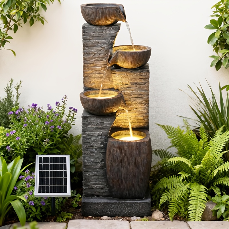 Temu – TEMU 38.2″ Tall Solar Water Fountain Outdoor Garden, 4 Tiers Modern Cascading Bowls And Stacked Stones Solar Powered Fountains With Led Lights For