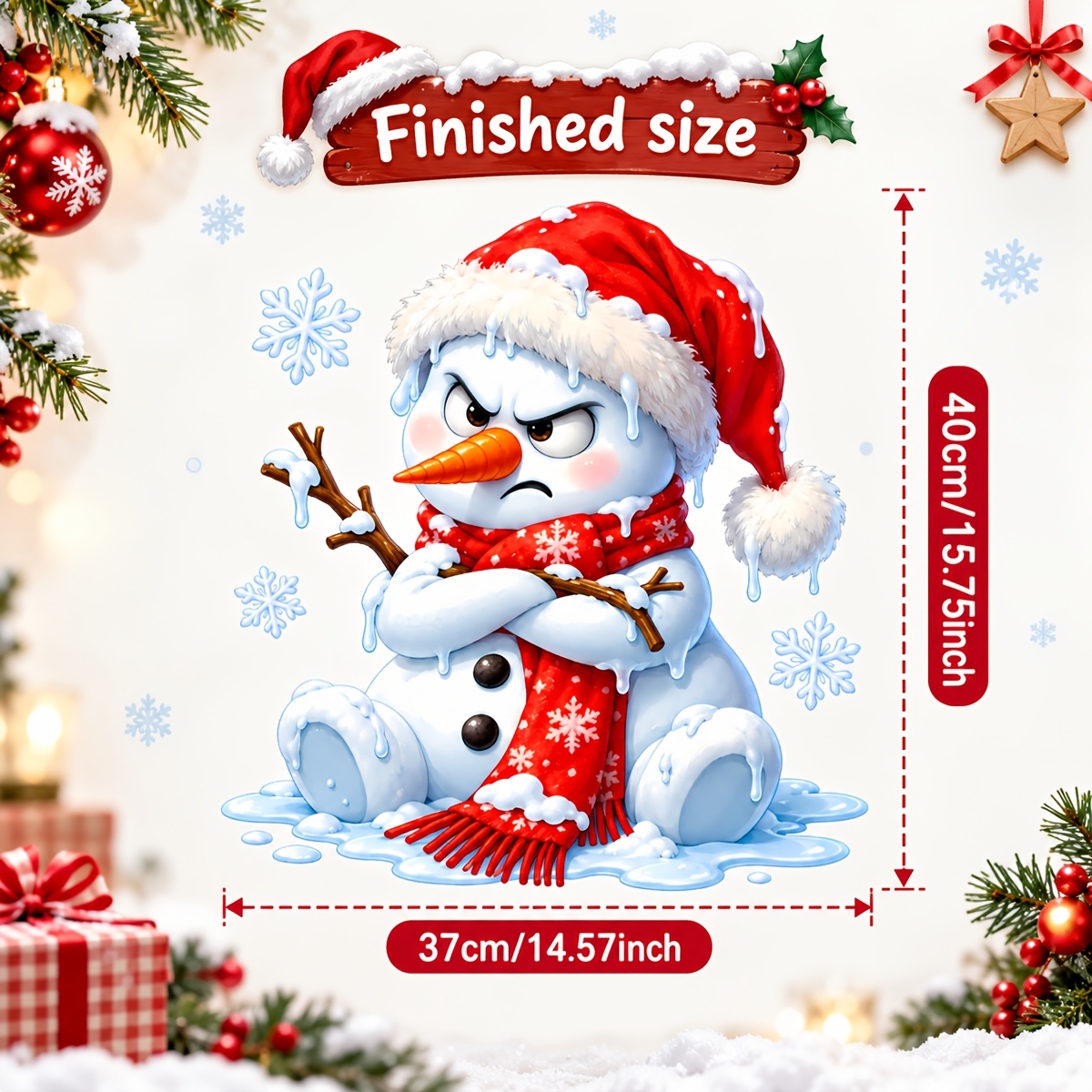 TEMU 1pc 37x40cm Christmas Static Window Cling, Snowman With Santa Hat And Scarf Glass Sticker, Winter Snowflake Decal For Home Window Holiday Decor