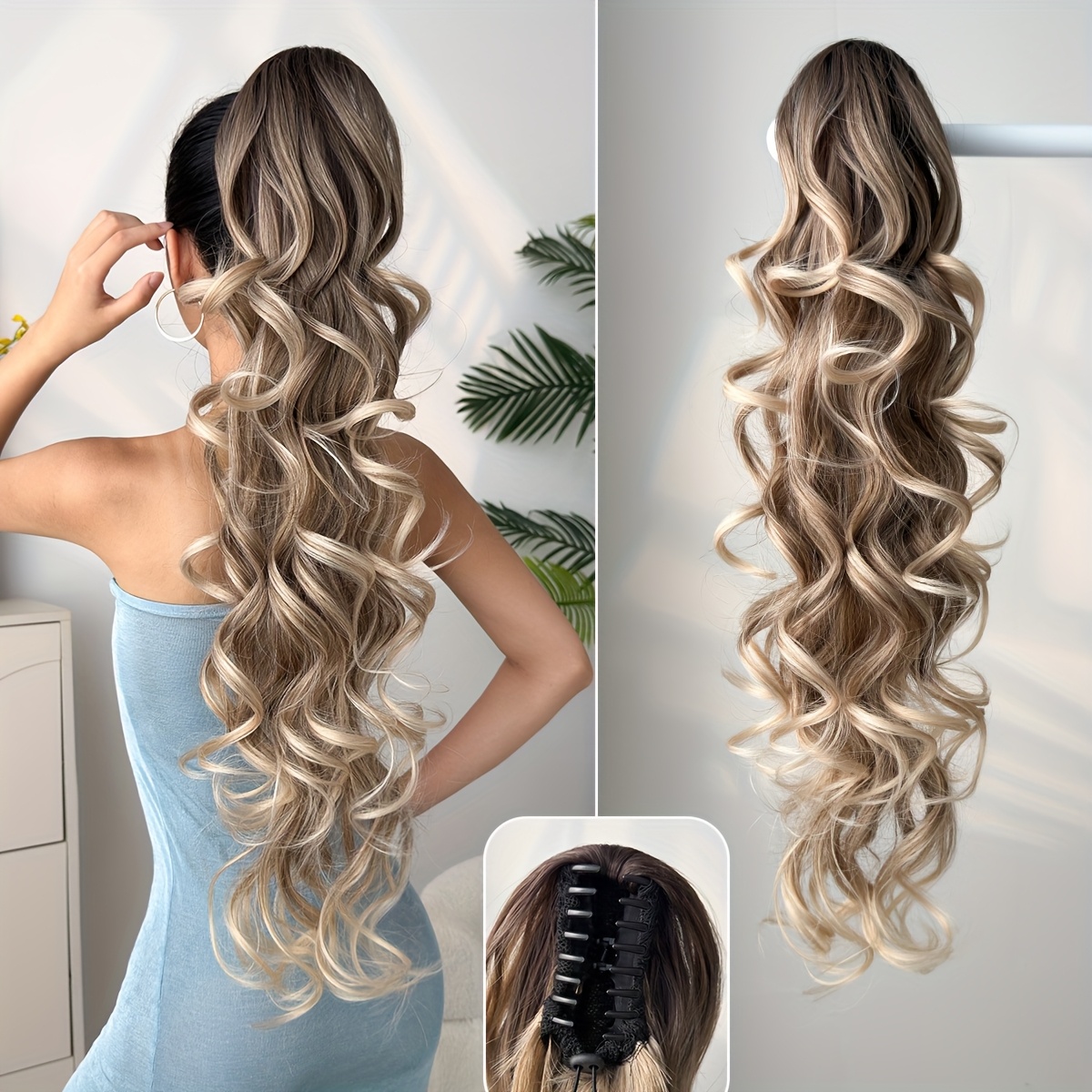 TEMU Extension 30" Curly Wavy Claw Clip Ponytail Hair Extensions Small Claw Clip In Hairpiece Fluffy Clip On Pony Tails Jaw Clips For Women Synthetic