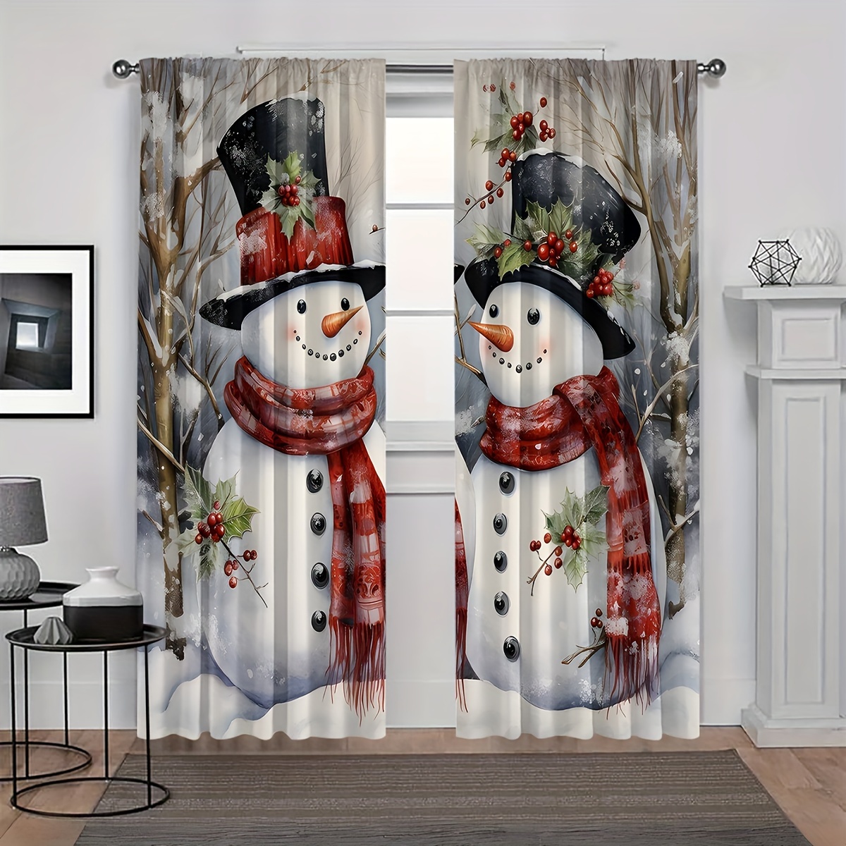 TEMU 2pcs Of Christmas Winter Snowman Gentleman Printed Sheer Curtains, With Rod Pocket Top, Made Of Quality Polyester Fabric, Featuring