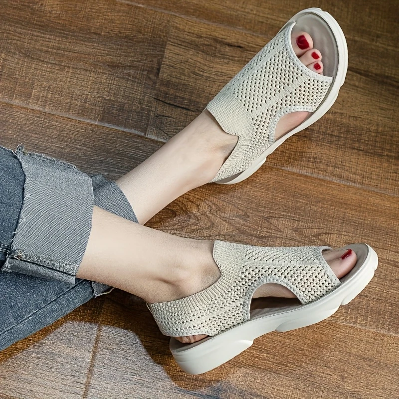 womens summer knit flat sandals lightweight soft sole non slip casual open toe slip with eva insole and cover sole strappy sandals details 2