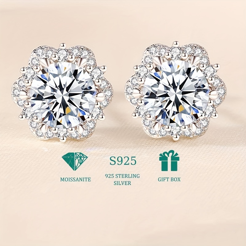 

925 Sterling Silver Flower Stud Earrings Inlaid 1ct Moissanite Elegant Ear Piercing Jewelry With Gift Box