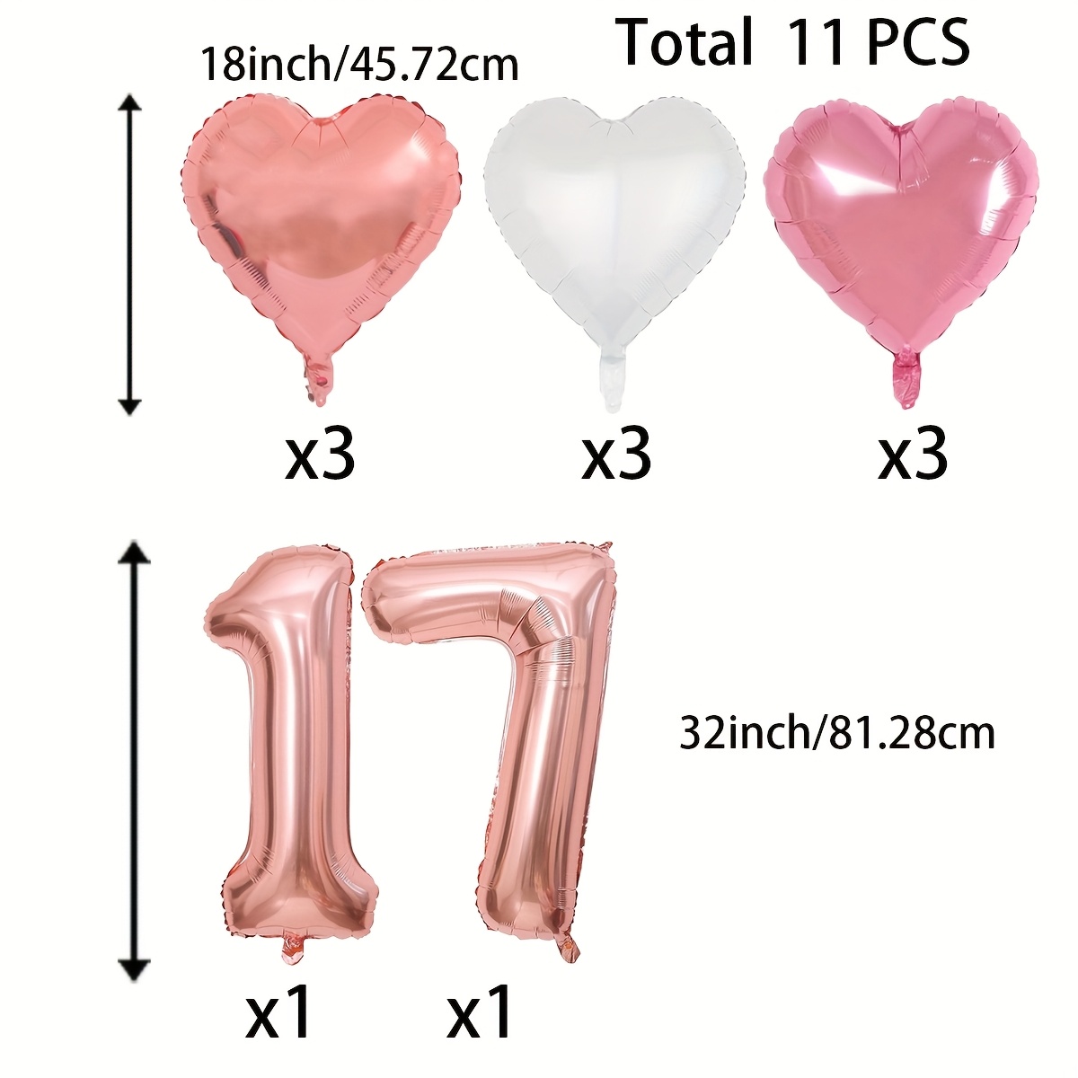 Rose 17 Foil Balloon, 32inch Number 17 Balloon With 18inch Rose Pink Heart Shaped Foil Mylar Balloons For 17th Birthday Anniversary Christmas New Year Wedding Birthday Party Decorations