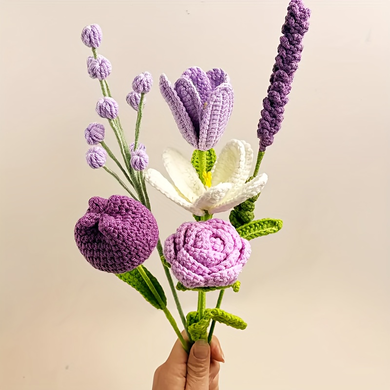 E-shop 6-teiliges Handgemachtes Blumenstrauß-Set, inklusive Stoffblüten und geflochtene Rosen, Tulpen & Lavendel – für Muttertag, Jubiläumsgeschenke,
