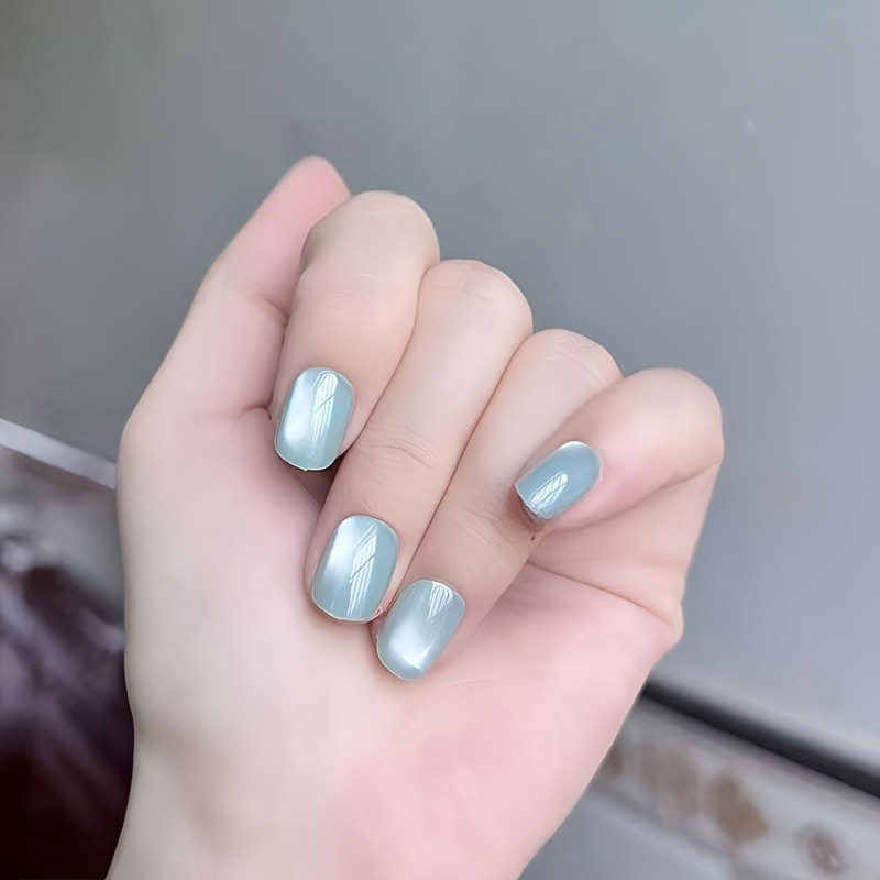 TEMU 60pcs Press-on Square Fake Nails, Light Teal Green Full Coverage With Eye Effect Design, Simple And Versatile, Set, Essential For Summer Beach