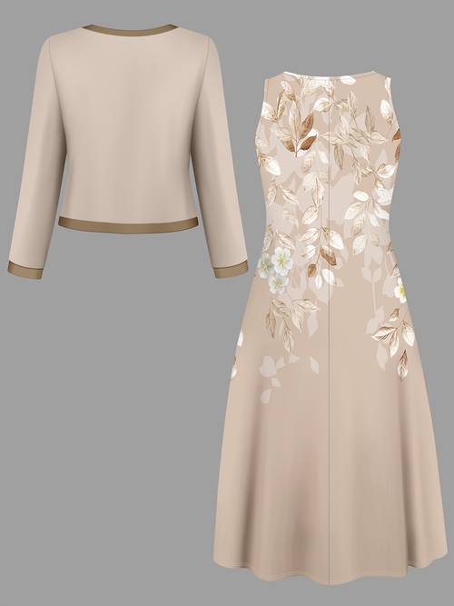 A casual and elegant suit, a two-piece set of a fashionable solid-color cardigan and a printed sleeveless dress