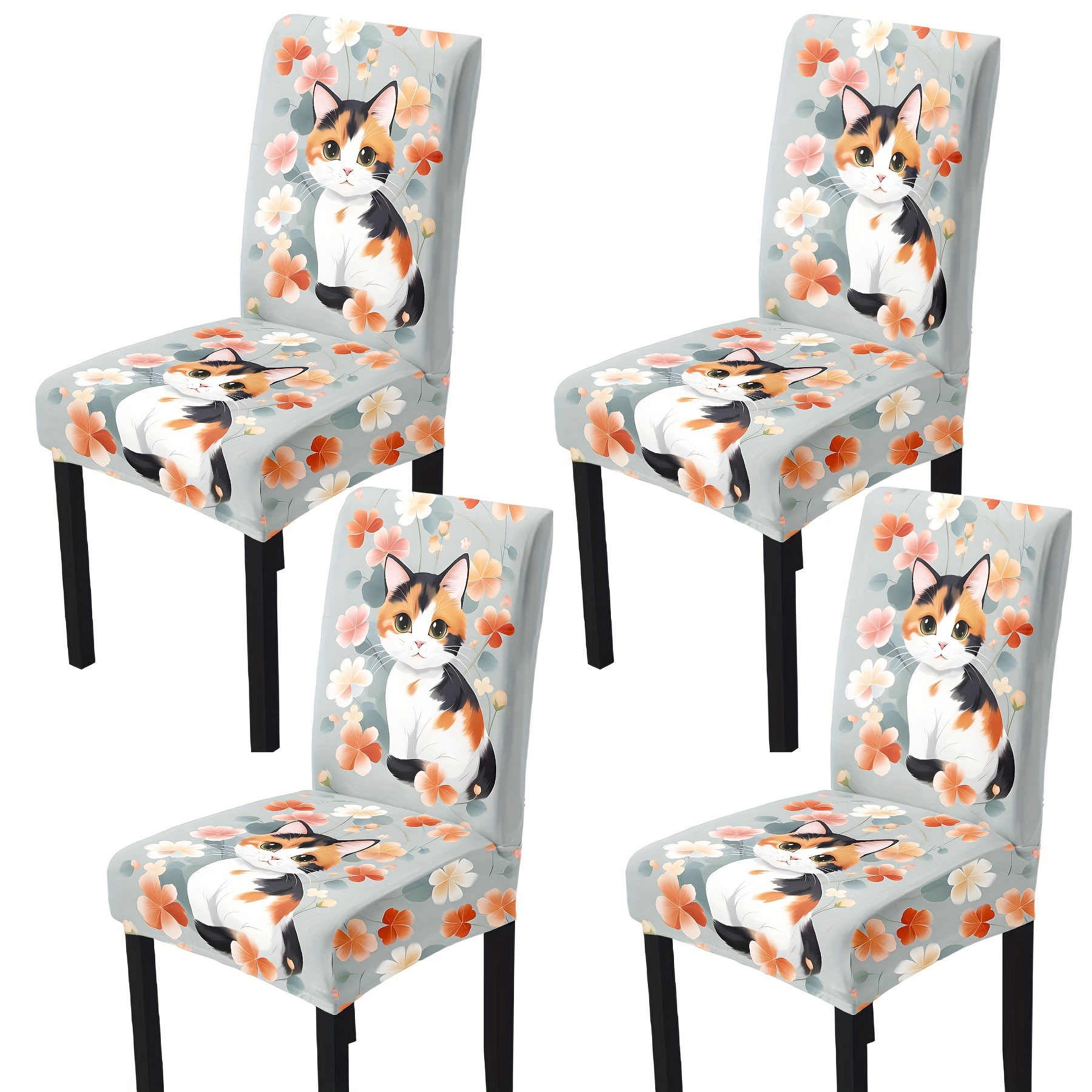 Launch; 4/6pcs High Elastic Decorative Chair Covers, Featuring Cute Cat Prints, Suitable For Home Dining Chairs, Hotel Restaurants, Pet Shops, And Other Chair Decoration ;