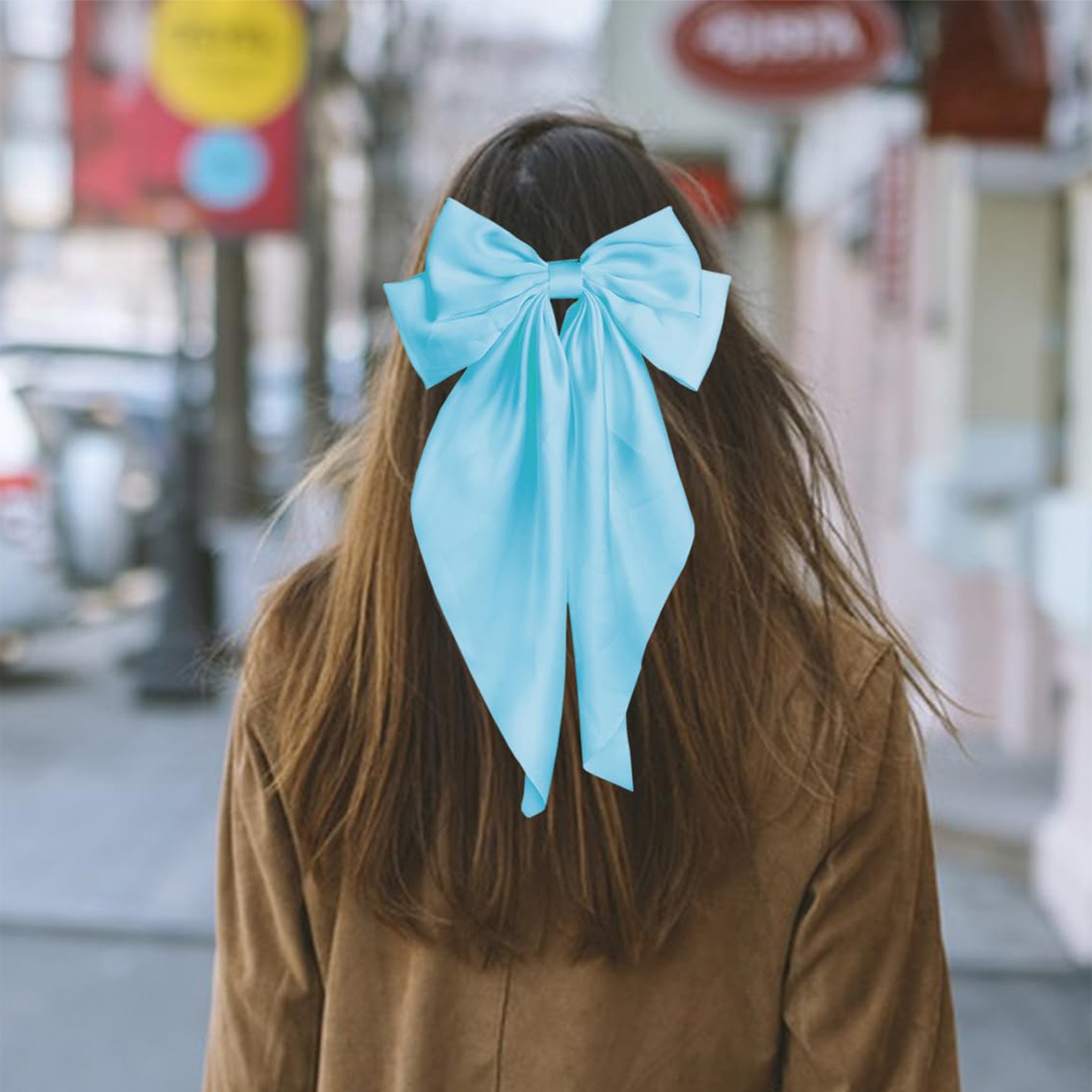 1pc womens large hair bow sky blue satin bow hair clip long - Temu