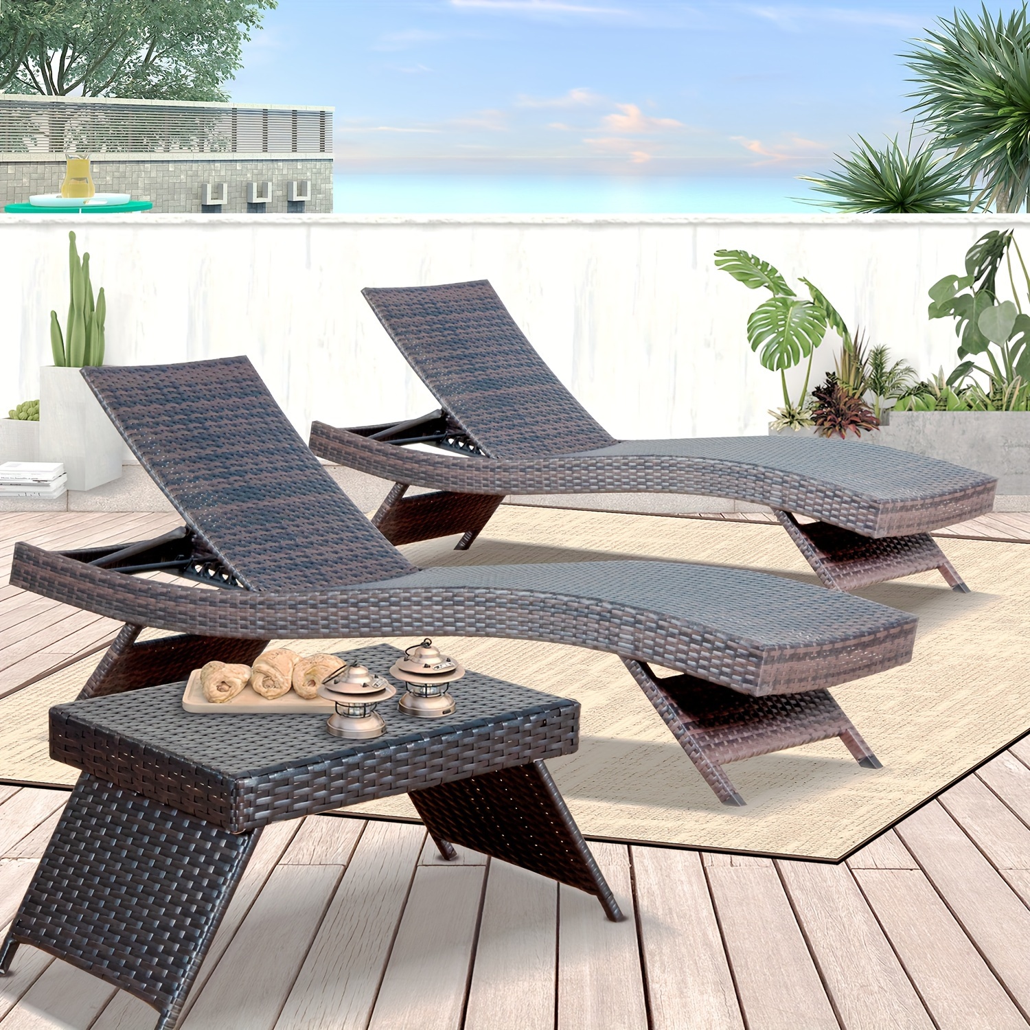 

Pe Rattan Adjustable Backrest Chaise Lounge Set 2 With 1 Side Table, Outdoor Pool Recliner Patio Chairs Lounge Chair Set 2 With 1 Coffee Table For Outside Beach Poolside