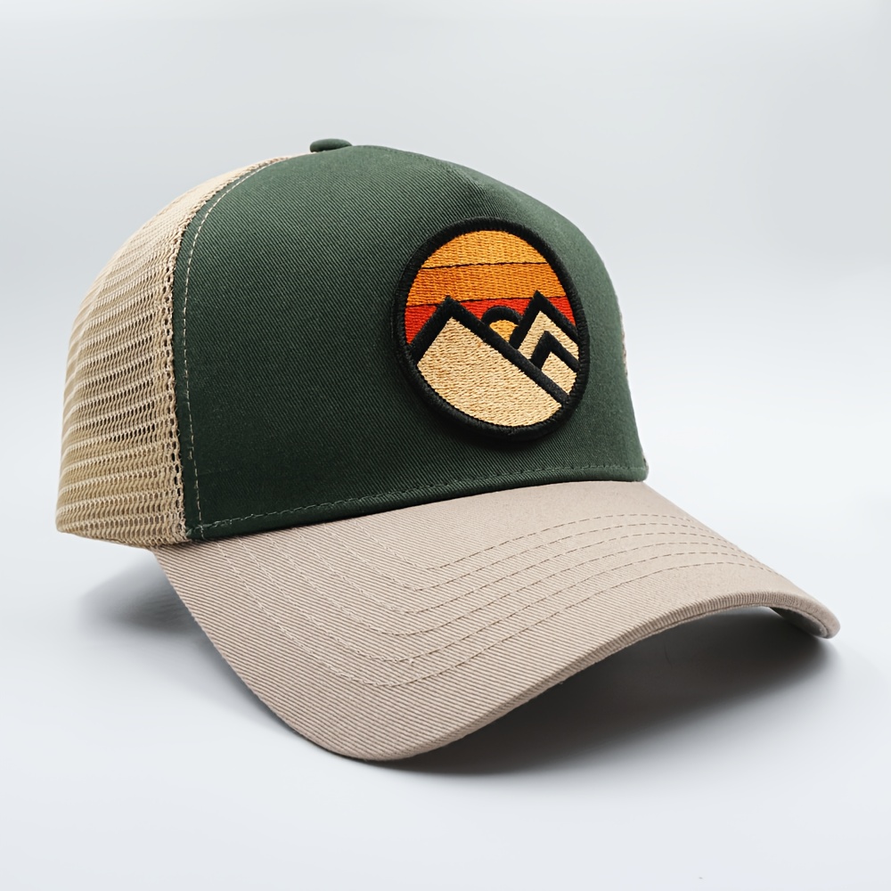 TEMU Vintage Sunset Mountain Embroidered Patch Truck Hat, Mesh Back Bend Brim Snap , Adjustable Outdoor Hiking Hat