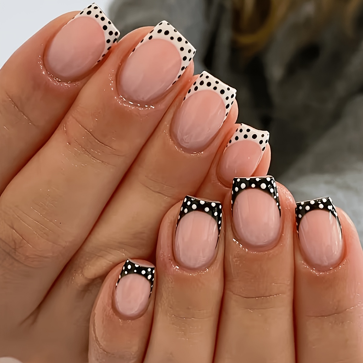 TEMU 96pcs Short Square Nude And White Fingertip Design - -on False Nails, Trendy Fashionable Black And White Polka , Women's Nails, Full Coverage