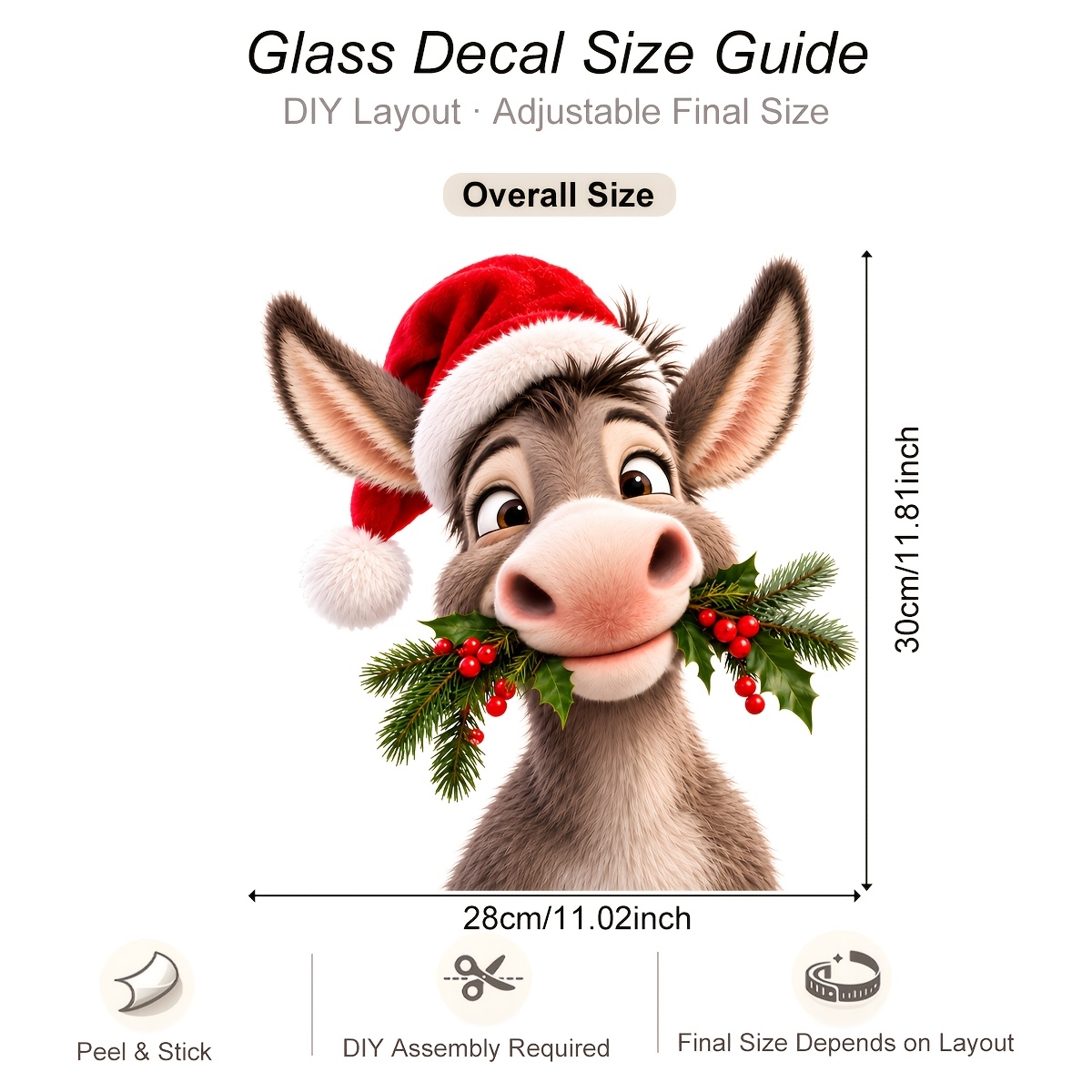 TEMU 1pc 28x30cm Christmas Donkey Window Cling Cute Cartoon Animal With Santa Hat And Reusable Glass Decal For Room Bedroom Window Holiday Decoration