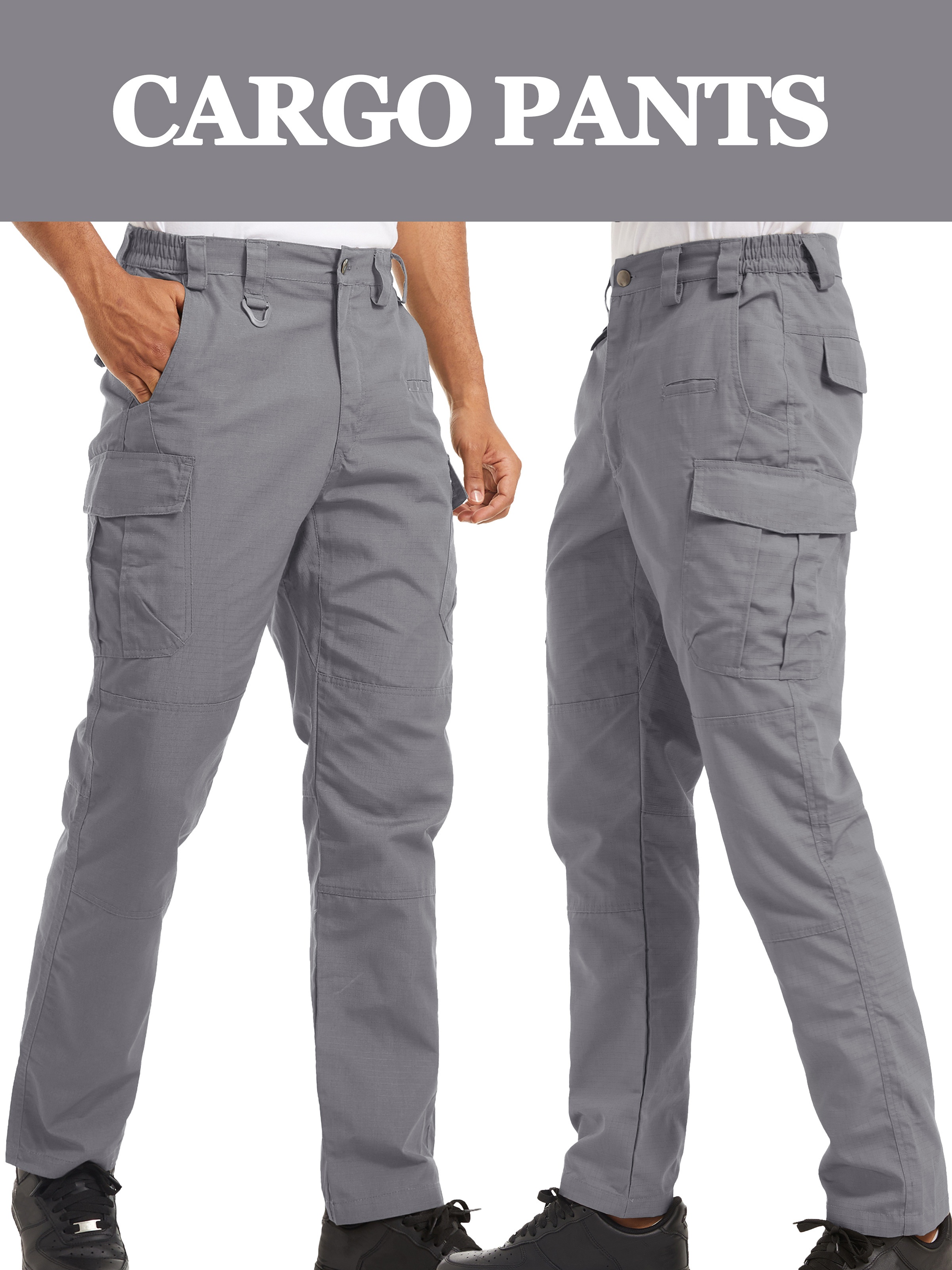 mens cargo pants with 9 pockets   tear resistant fabric elastic side waist d ring zipper and button professional outdoor trousers for work hiking mountain climbing camping traveling fishing spring autumn