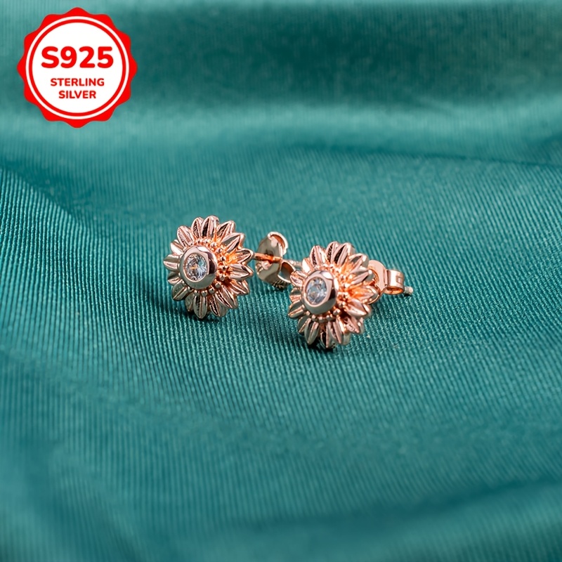 925 Silver Sunflower Earrings, Lightweight Zirconia Studded for Parties