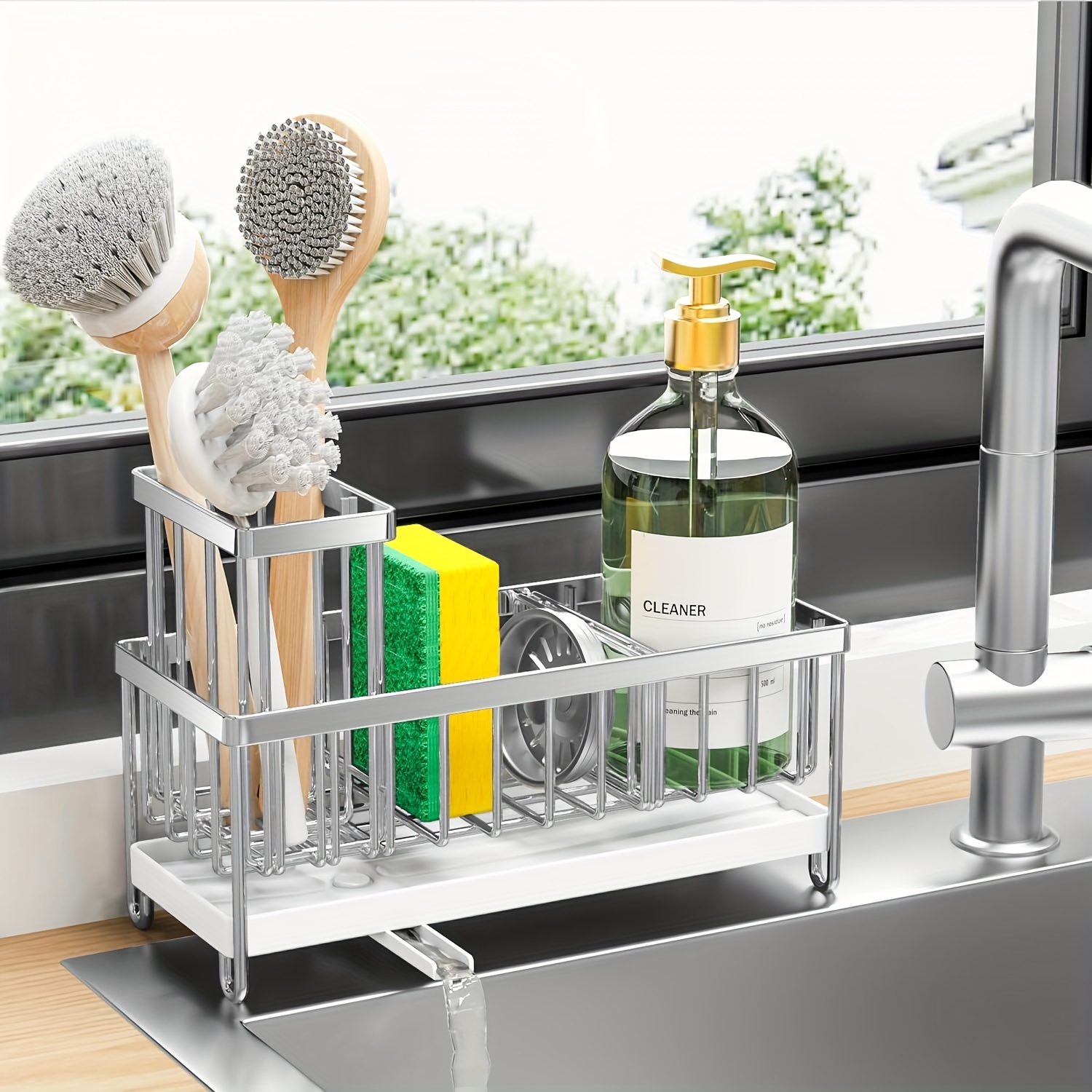 

Sponge Holder For Kitchen Sink, Sink Caddy With High Brush Holder, Organzier Rustproof 304 Stainless Steel Dish Organizer Divider, Soap Dispenser Storage