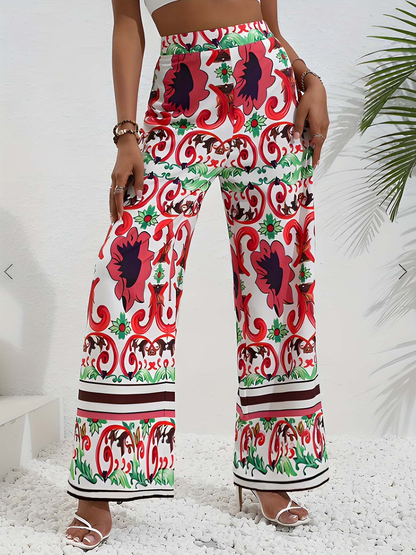 Full Floral Print Wide Leg Pants, Casual High Waist Pants, Women's Clothing