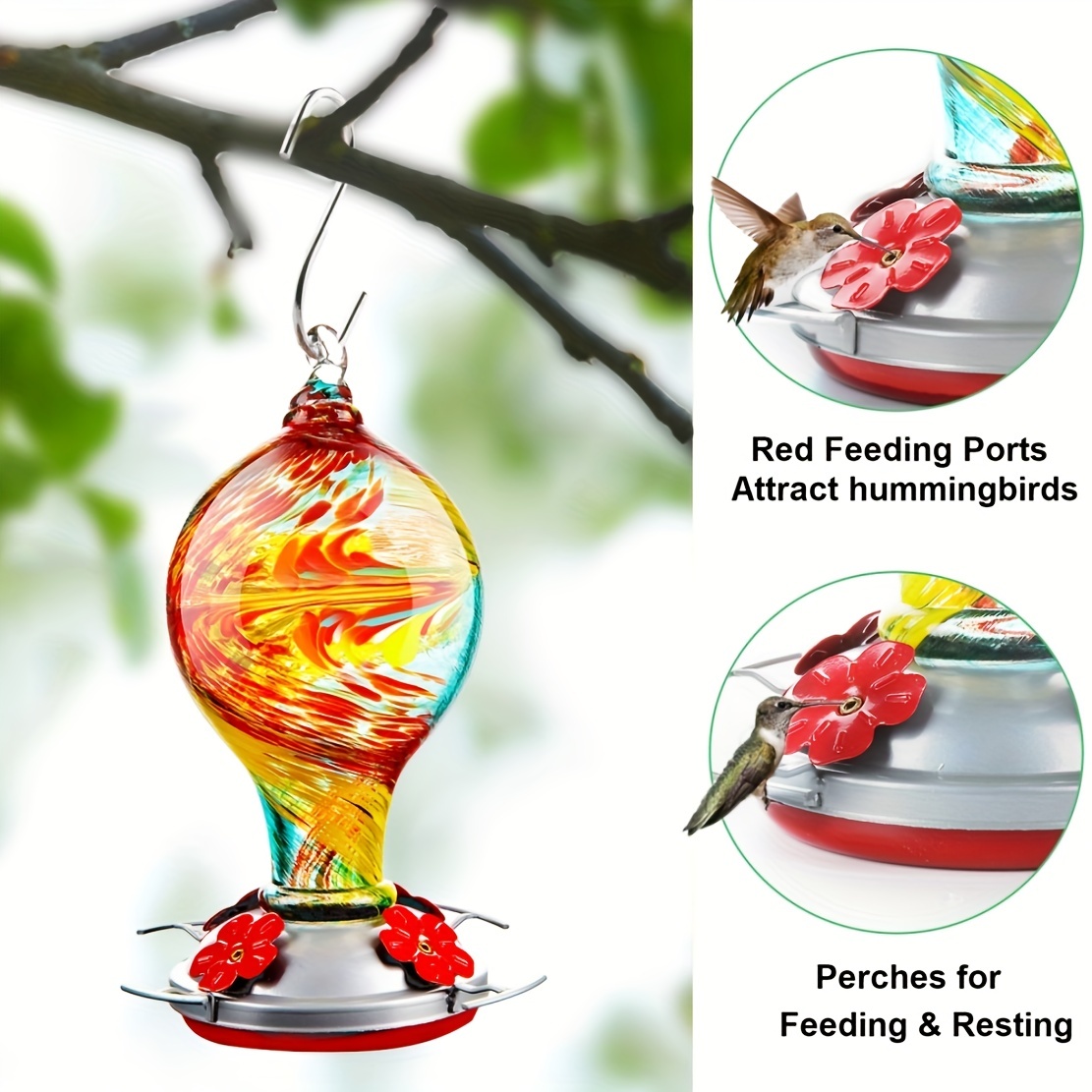 

Hand Blown Glass Hummingbird Feeder For Outdoors Hanging Large 30 Ounces Colorful Garden Hummingbird Feeder Containing Ant Moat Hanging Hook, Rope, Brush