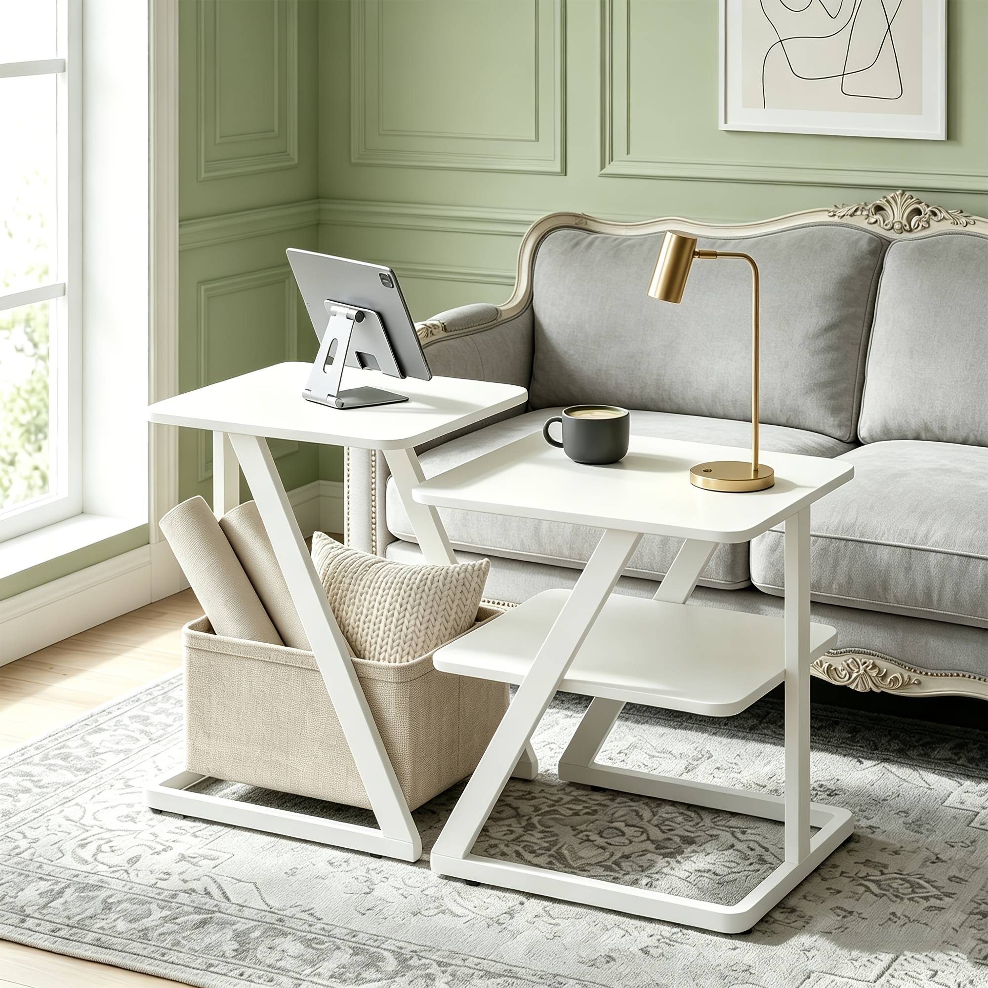 Image of Double-sided Coffee Table With A Basket, In White And Beige/natural Wood And Beige To Match Decorating Styles And Suitable For All Spaces, Including Living Rooms, Bedrooms, And .