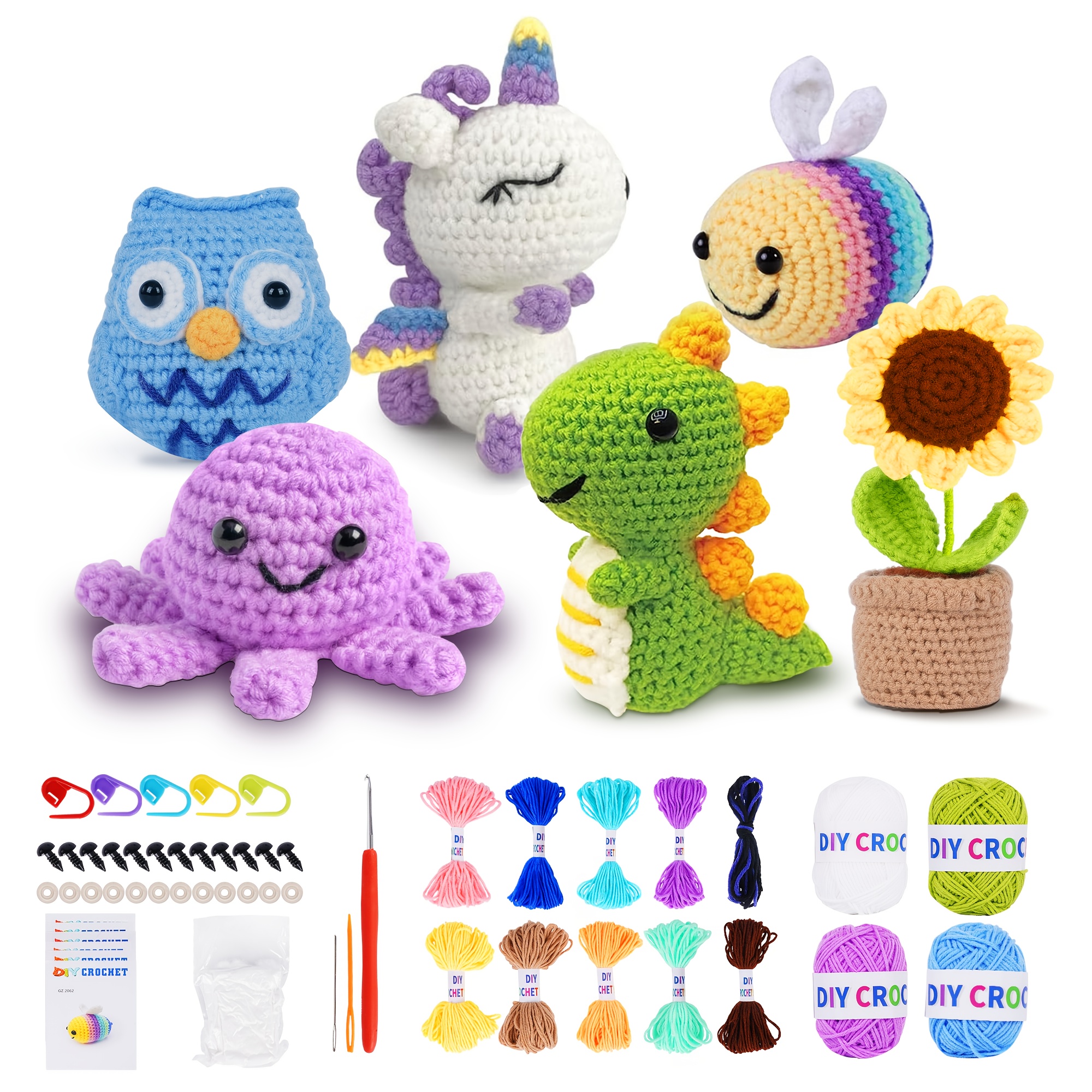 

6pcs Kawaii Amigurumi Crochet Kit For Beginners - Diy Crocheting Animals Set, Fabric Yarn Plush Stuffed Animals, All Crafting Supplies For