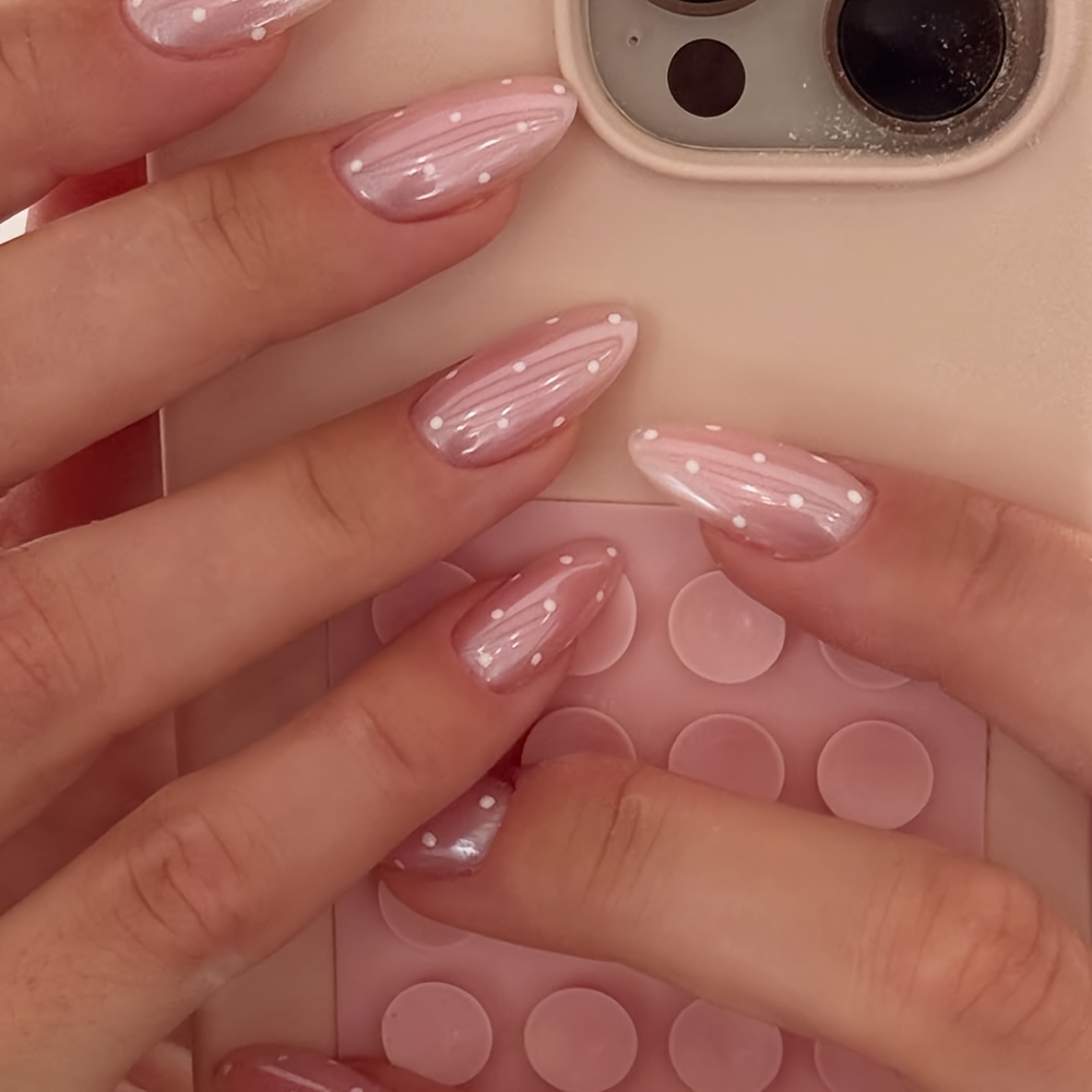 Image of 24pcs Long Almond Press-on Nails, Nude Pink With White Small Polka Dots, Gentle And Translucent Style, With Pearlescent Gradient And Polka Dot Elements, Gentle And Age-reducing, Full Of Atmosphere