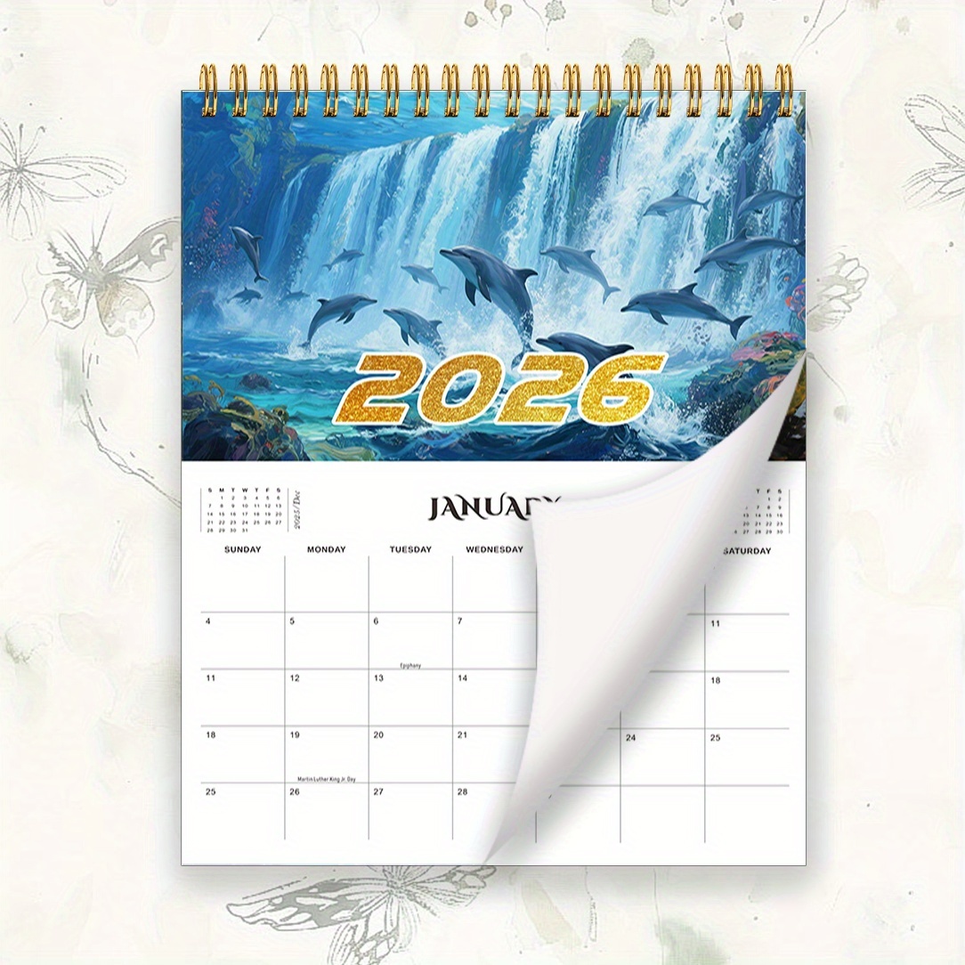 TEMU Calendrier mural 2026 (Motif ) : Présente un reliure dorée, idéal à accrocher au mur ou à poser sur une table. de marquer les fêtes, de