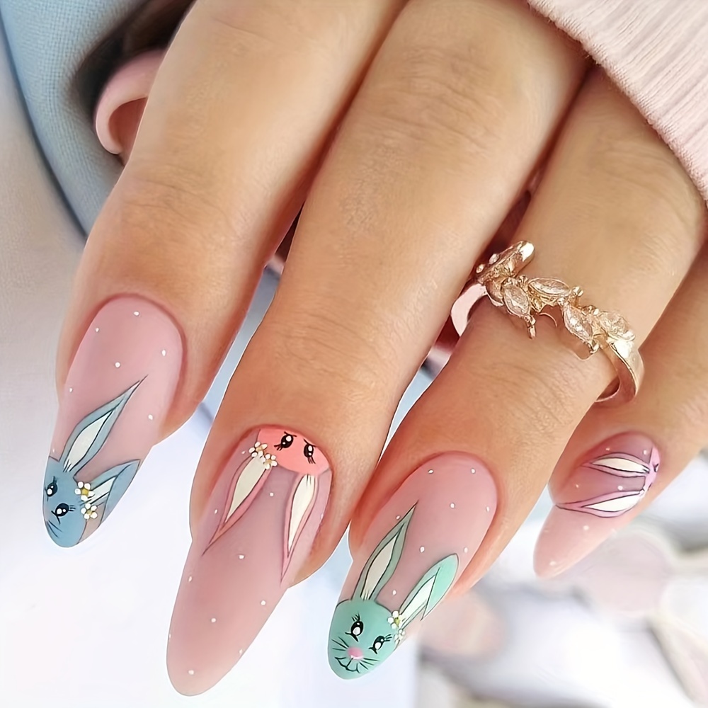 

24pcs Cute Bunny Press-on Nails Set - Sweet & , Matte , Long Shape, Mixed Pastel Colors With Sparkle Accents - Easy To Apply & Remove False Nails For Women And Girls, Rabbit Accessories