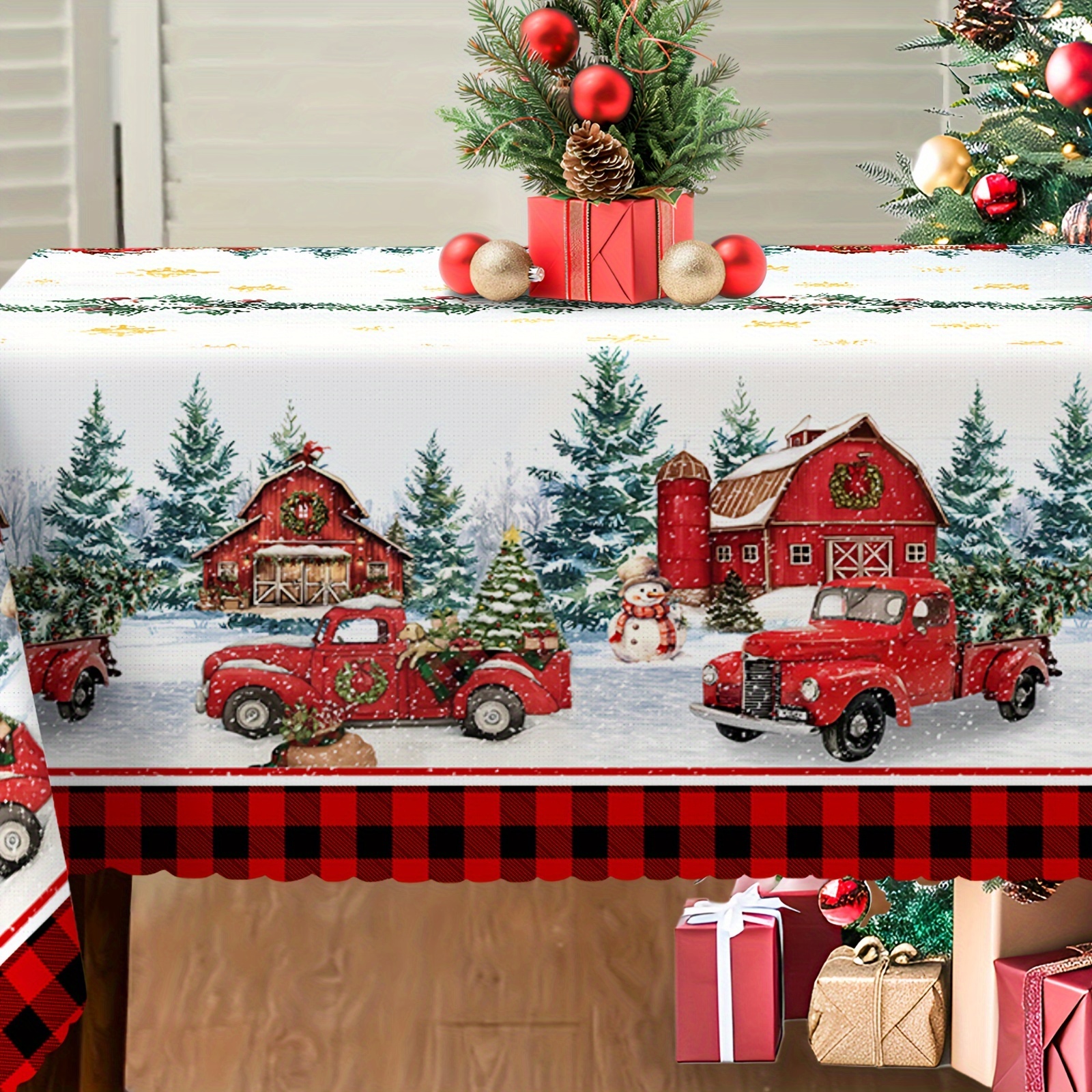 

Christmas Farmhouse Tablecloth With Red Truck, Snowman, And Tree Design, Woven Polyester, Rectangular, Machine Washable, Stain Resistant, Waterproof - Perfect For Holiday Indoor Dining Decor