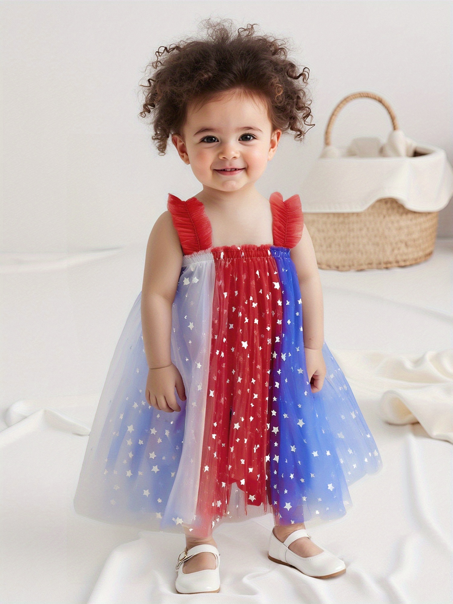 Adorable Girl's 4th of July Dress - Patriotic Star Print Sleeveless Tulle A-Line Dress with Shoulder Accents, Red, White & Blue for Summer