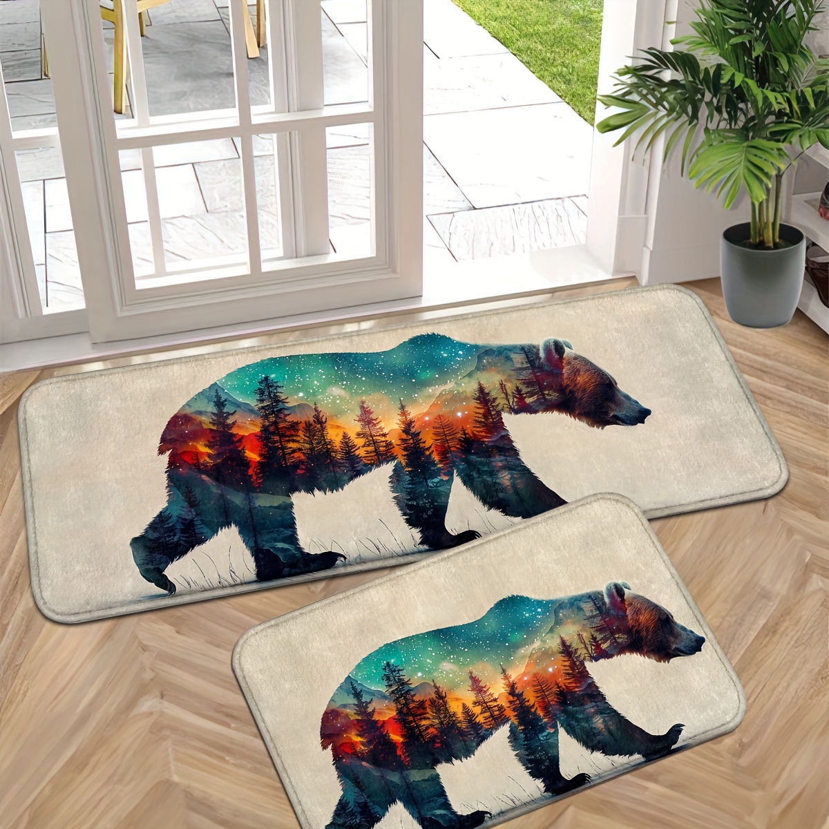 

Starry Sky Forest Bear Door Mat - Non-slip, Machine Washable, Polyester Indoor Entrance Rug For Entryway, Kitchen, Bathroom, Laundry Room - Thicken Carpet Runner Mats