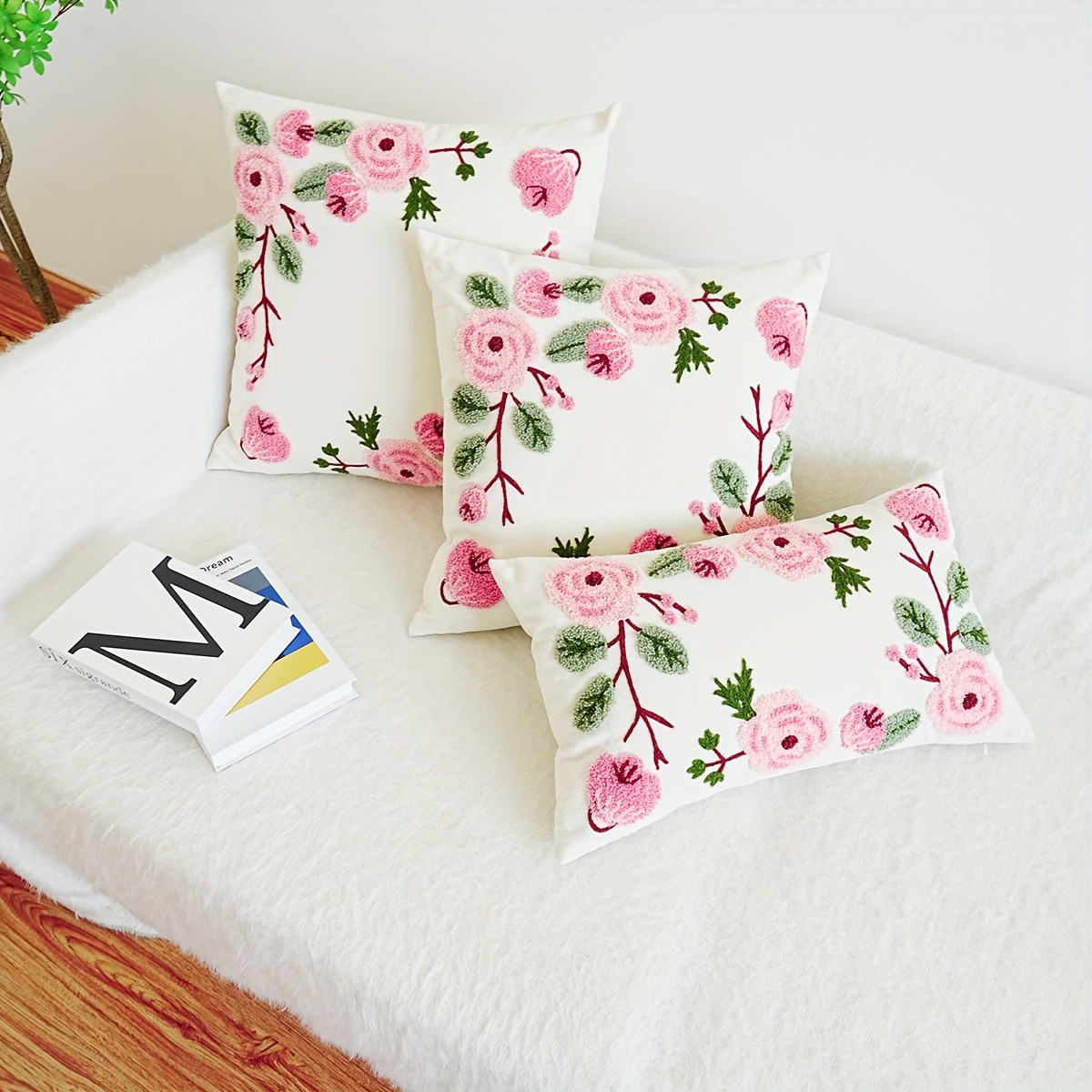 

1pc Elegant Embroidered Floral Throw Pillow Cover - For Any Room, Machine Washable, Zip Closure