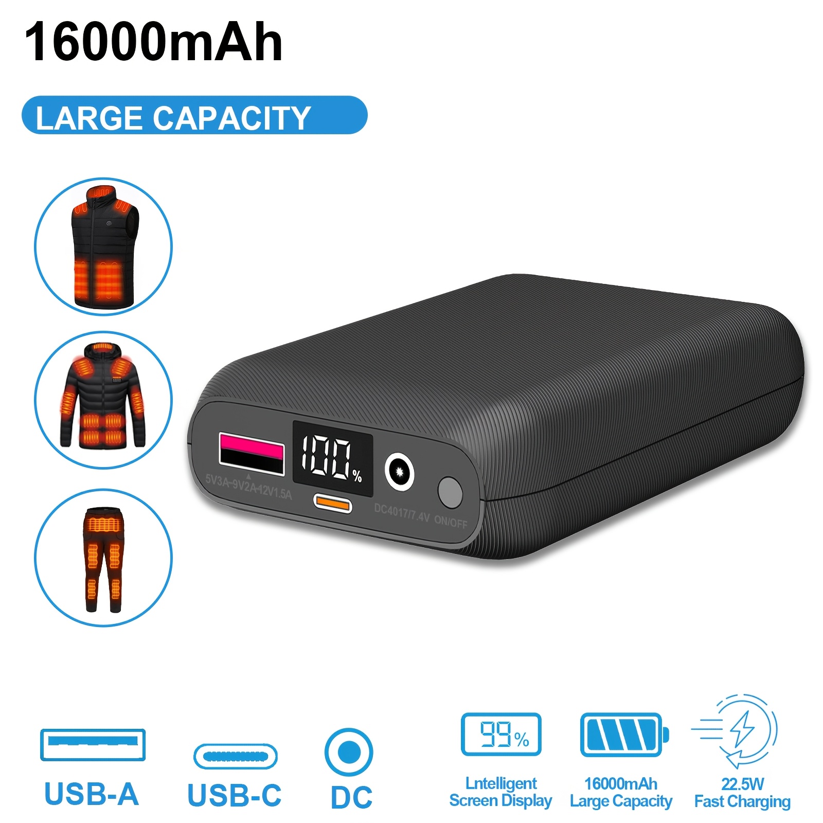 

16000mah Battery Pack For Vest-5v/7.4v Rechargeable Power Bank With Led Display And /usb For Jacket, Hoodie And Pants, Fast Charging Powerbank Compatible With Iphone Ipad Samsung