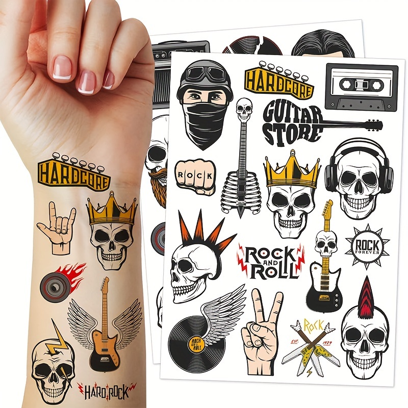 

Rock Music Festival Temporary Tattoos Set Of 2, Rock And Roll Body Art Stickers For Music Enthusiasts, Assorted Designs For Parties And Concerts, Shape: Oblong - Guitar, , Headphones Motifs.