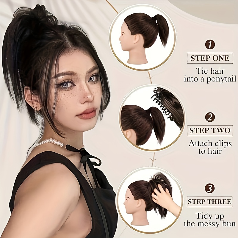 elegant messy bun hair clip for women 8 synthetic straight ponytail extension     with hairpin comb versatile heat resistant details 0