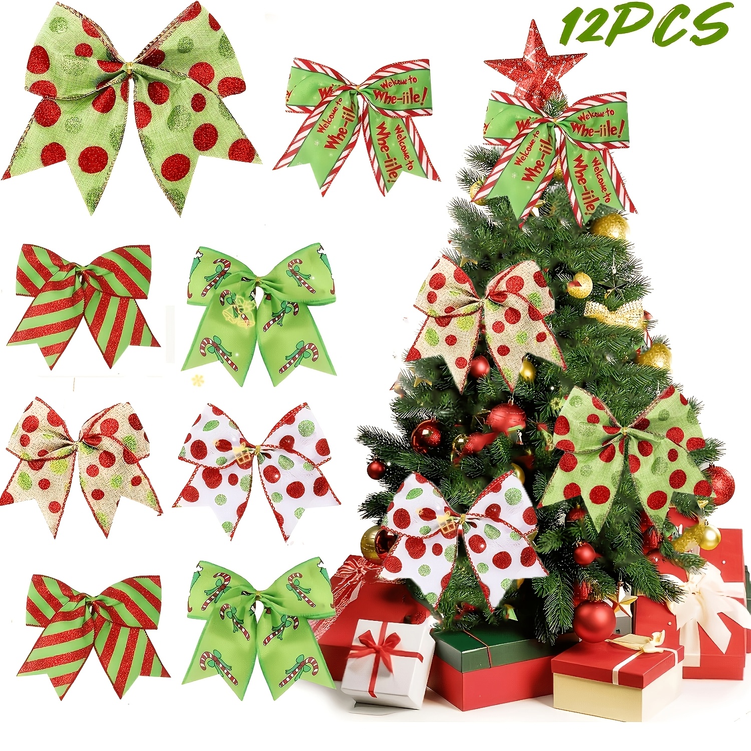 TEMU 12 nœuds de Noël rouges et verts, grands nœuds de guirlande de Noël de 6 pouces pour arbre, emballage cadeau, guirlande, décoration de Noël,