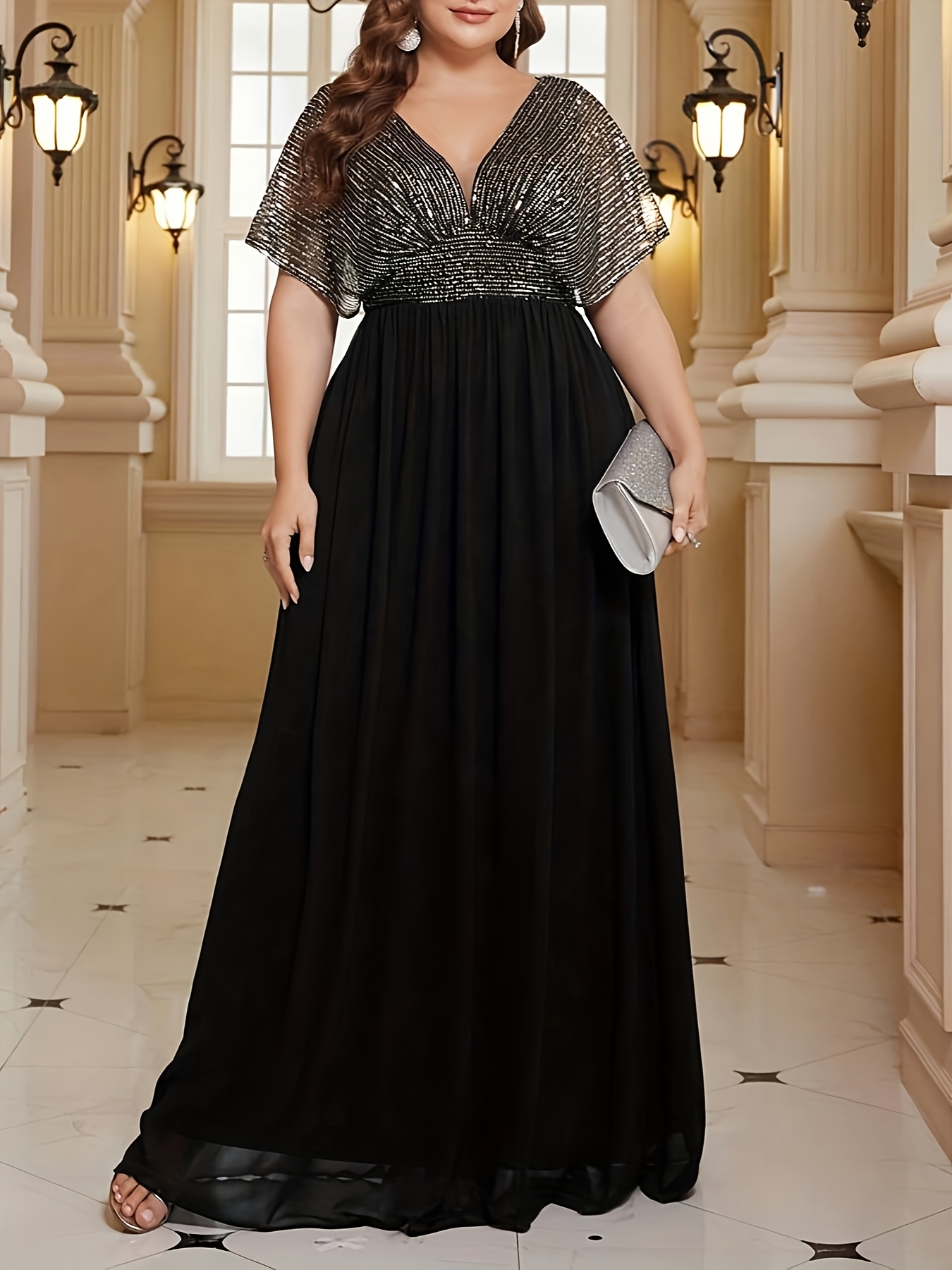 plus size plus size v neck batwing sleeve dress black - Temu Chile