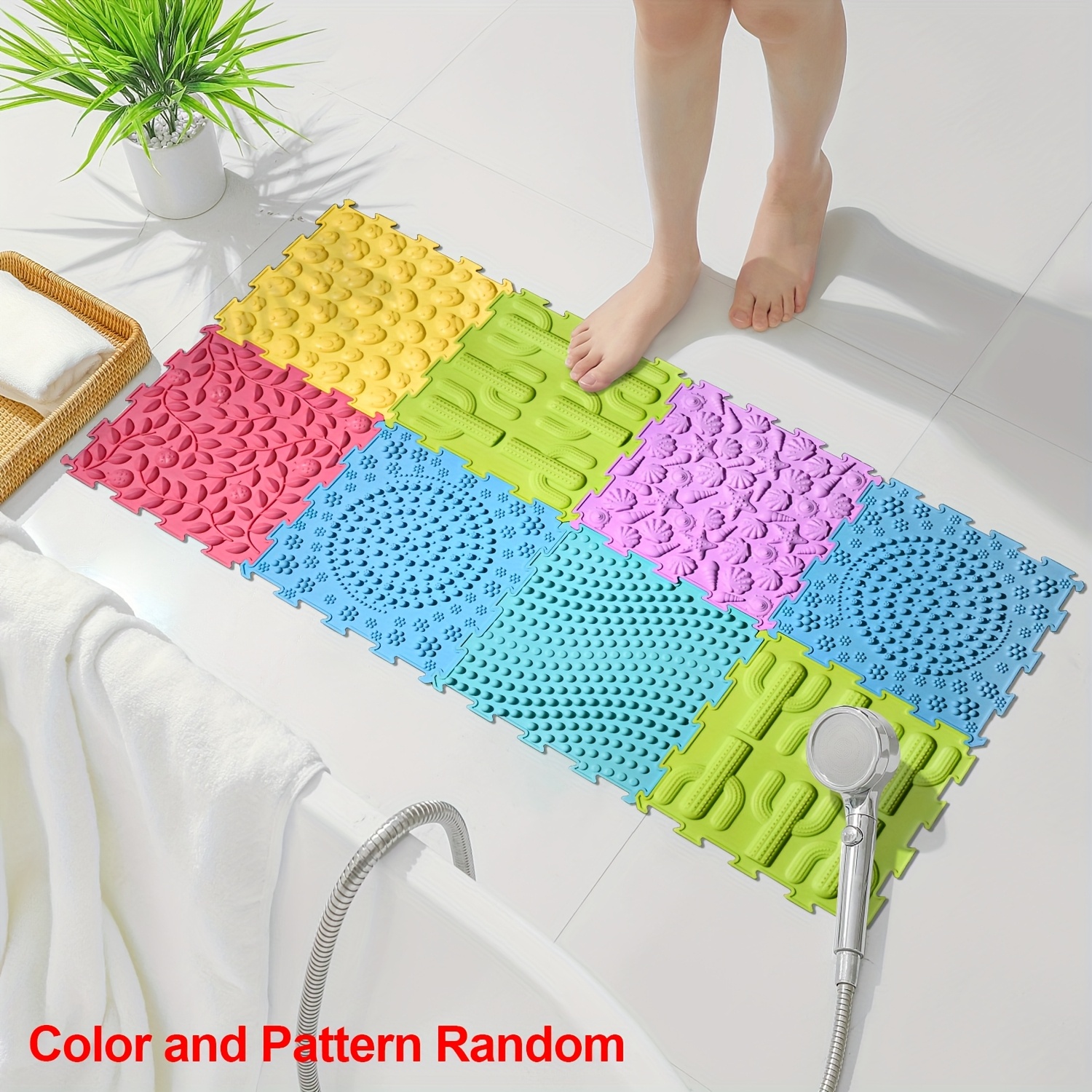 TEMU 4/8/10pcs Silicone Bath Mats With Massage Design - Interlocking Square Floor Mats, Washable Non-slip Shower & Yoga Mats For Bathroom, Bedroom,