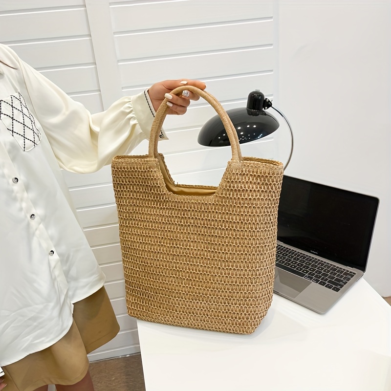 

Solid Color Straw Bag, Summer Women's Beach Bag, Large Capacity Shoulder Tote