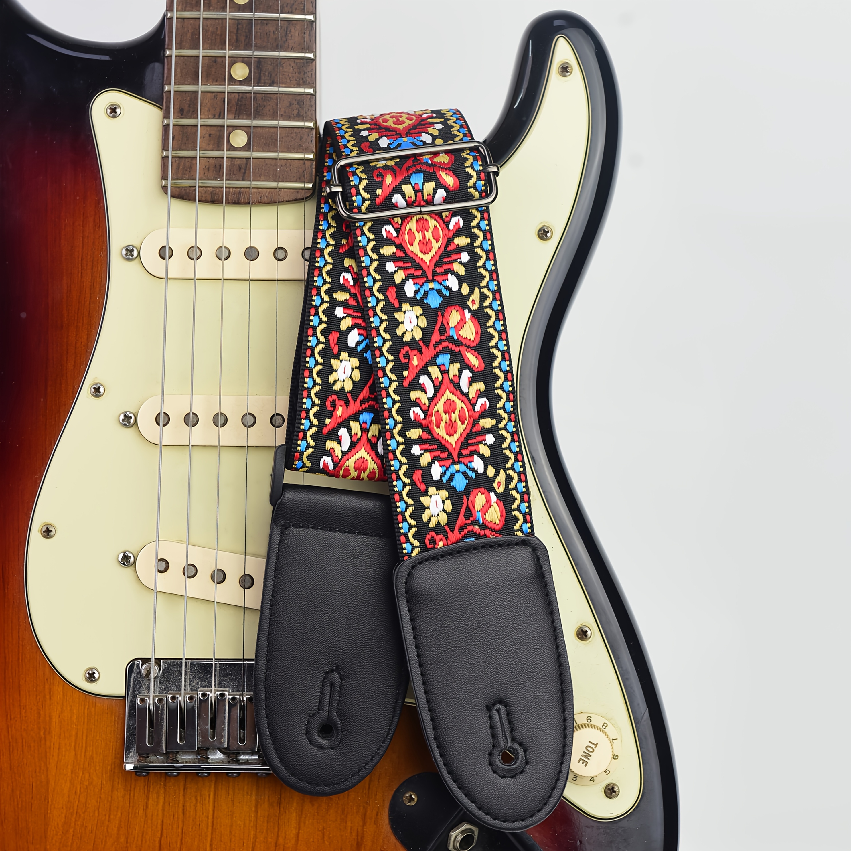 

Vintage Embroidered Guitar Strap With Leather Ends - For Bass, Electric, And Acoustic Guitars - Red Fabric Material, Adjustable Length, Guitar Accessories